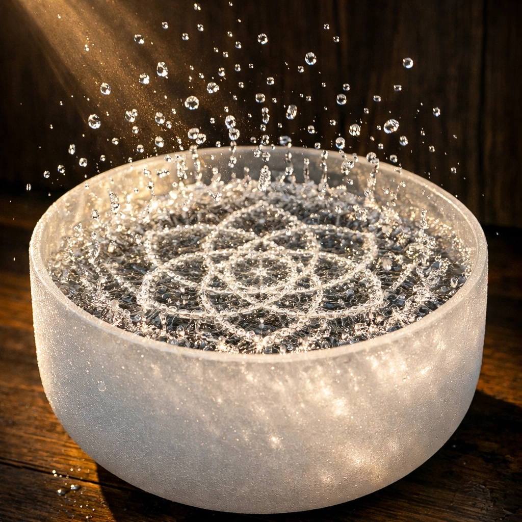 Quartz crystal singing bowl with cymatic water patterns created by vibrational sound therapy
