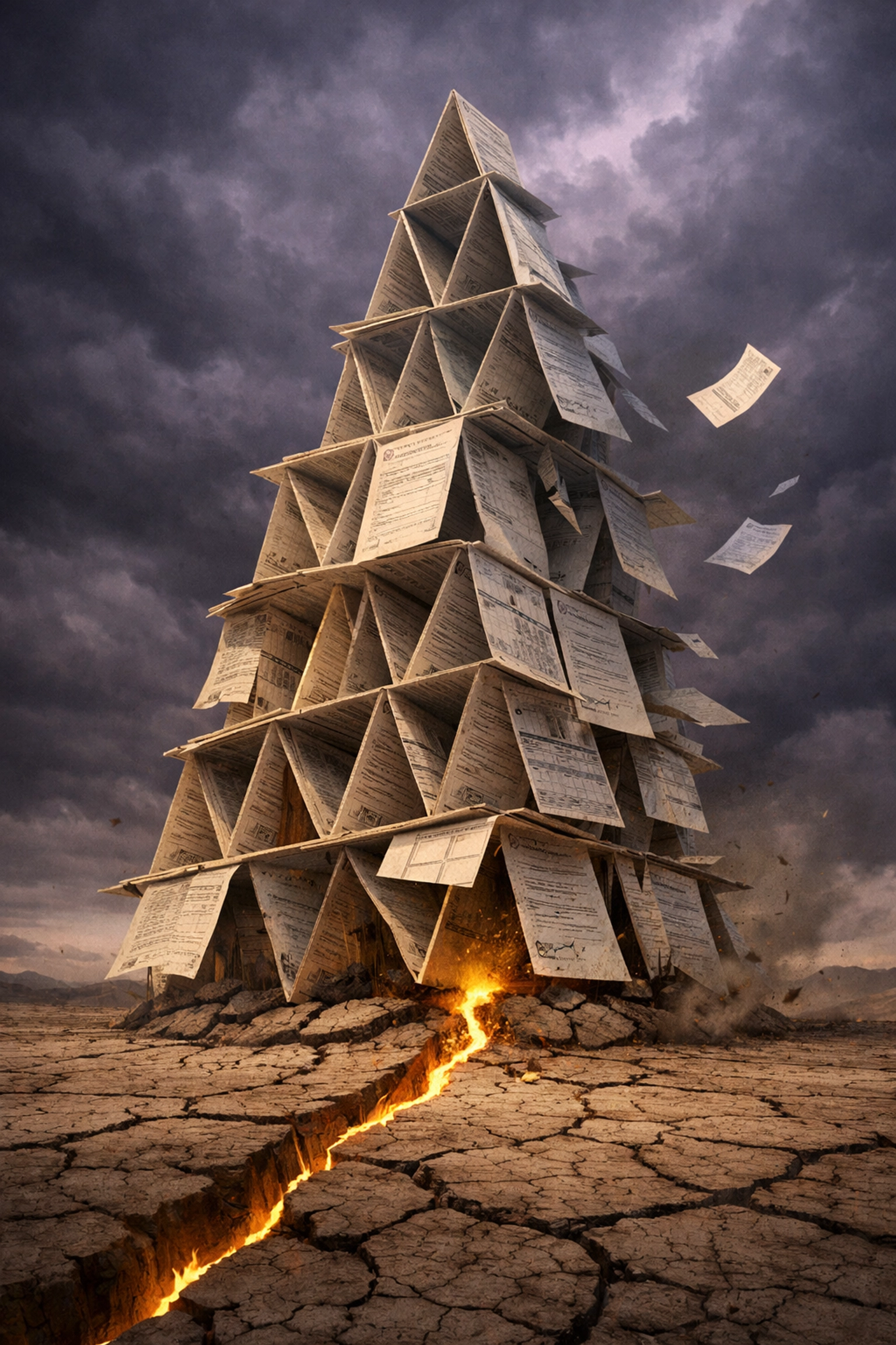 A house of cards made of financial contracts representing the unstable private credit debt bubble.