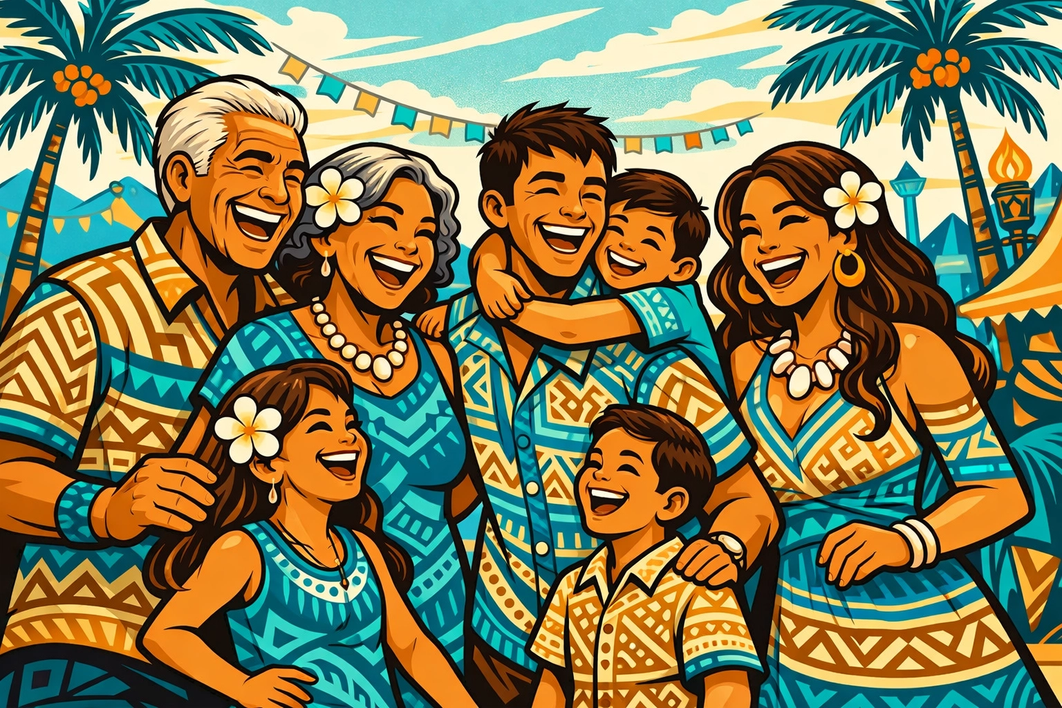 A family in island-inspired attire enjoying a family-friendly cultural festival in Las Vegas.