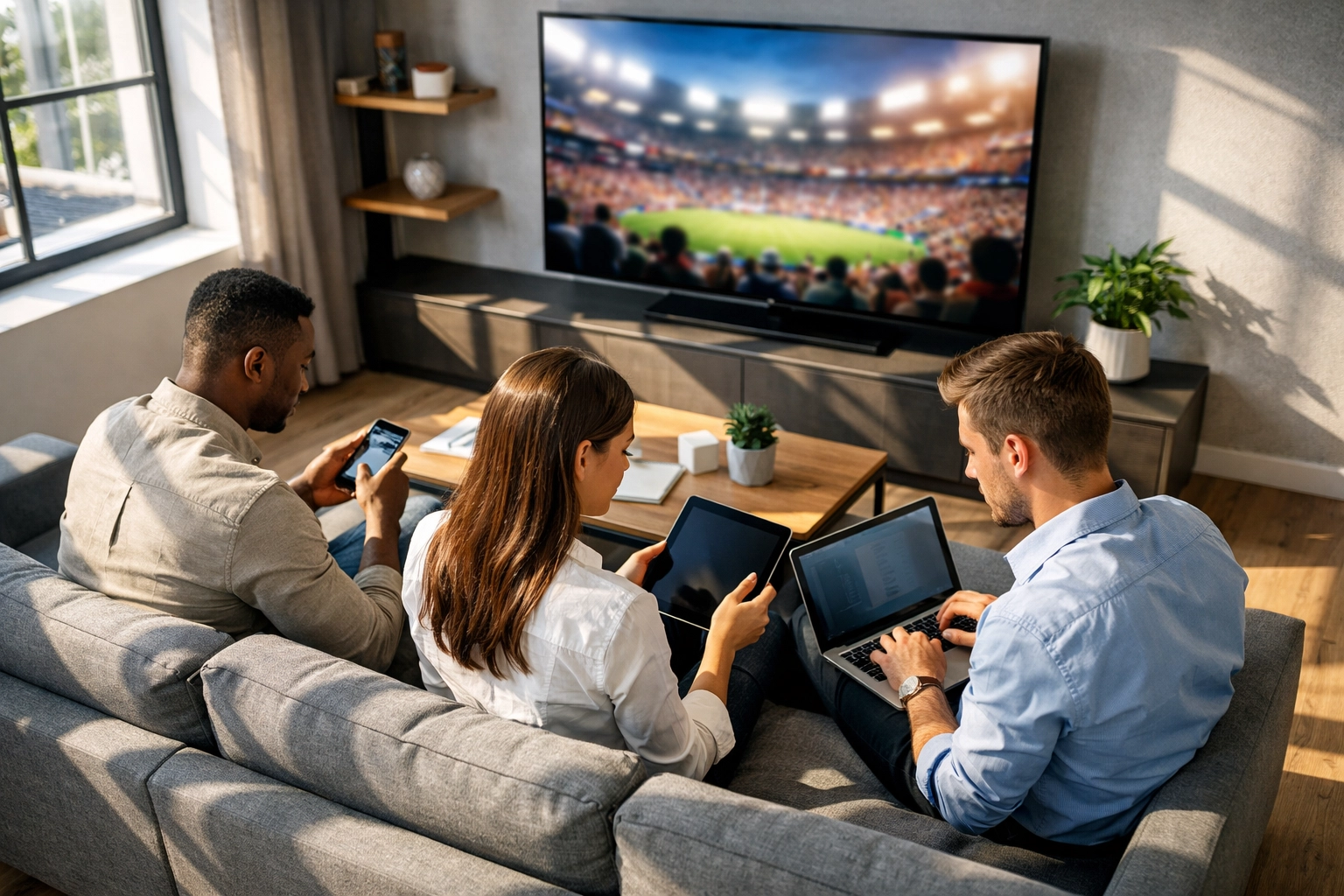 A group of viewers using multiple devices while watching a sports event to illustrate audience engagement.