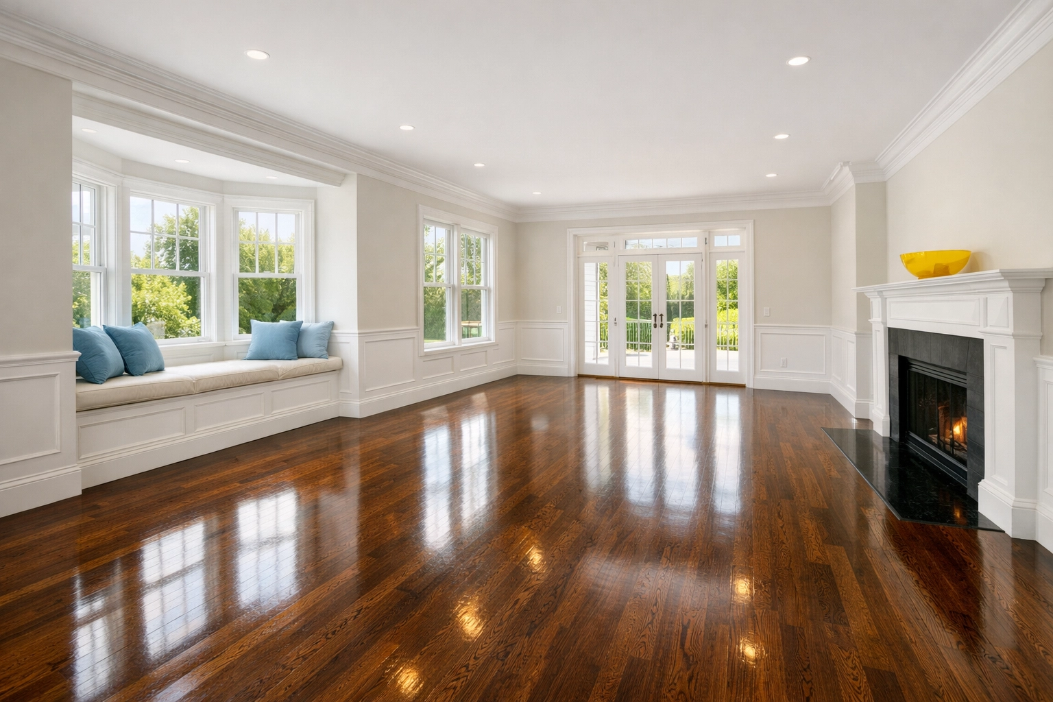 Spotless empty living room in a Groton MA luxury home after a professional move-in cleaning service.