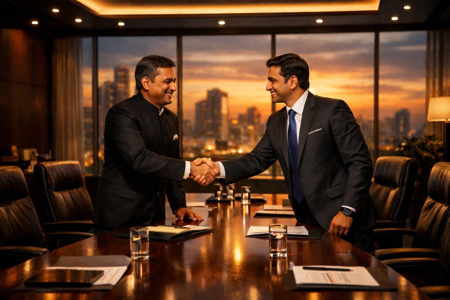 Professionals shaking hands in a corporate boardroom after verifying property seller authority.