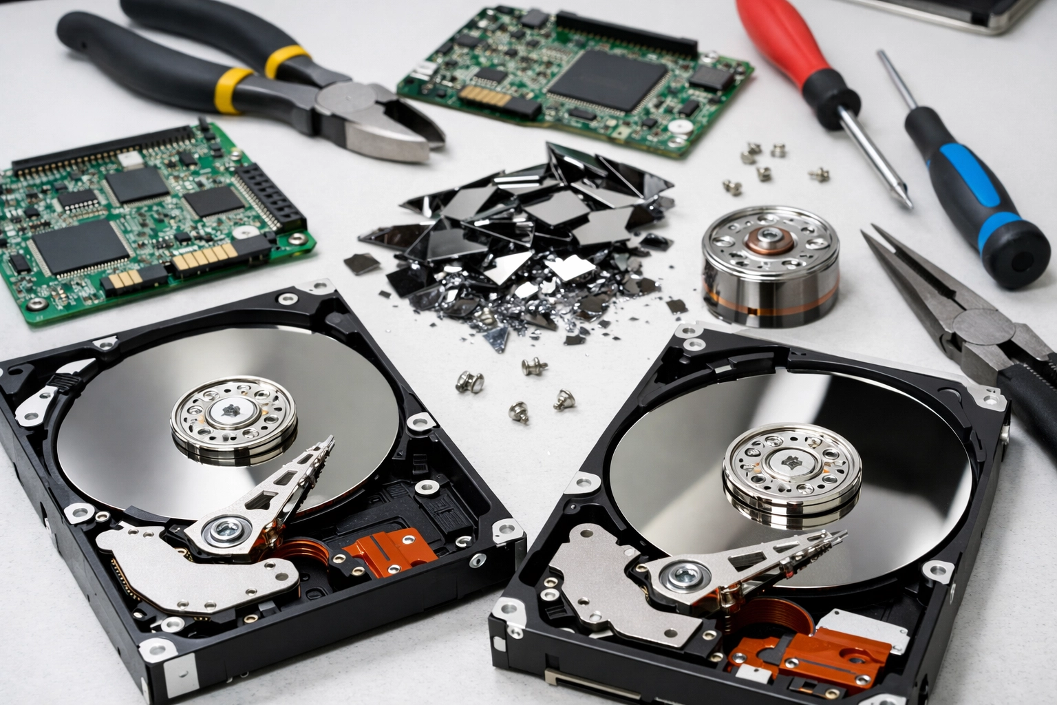 Computer hard drives and circuit boards prepared for secure data destruction and recycling