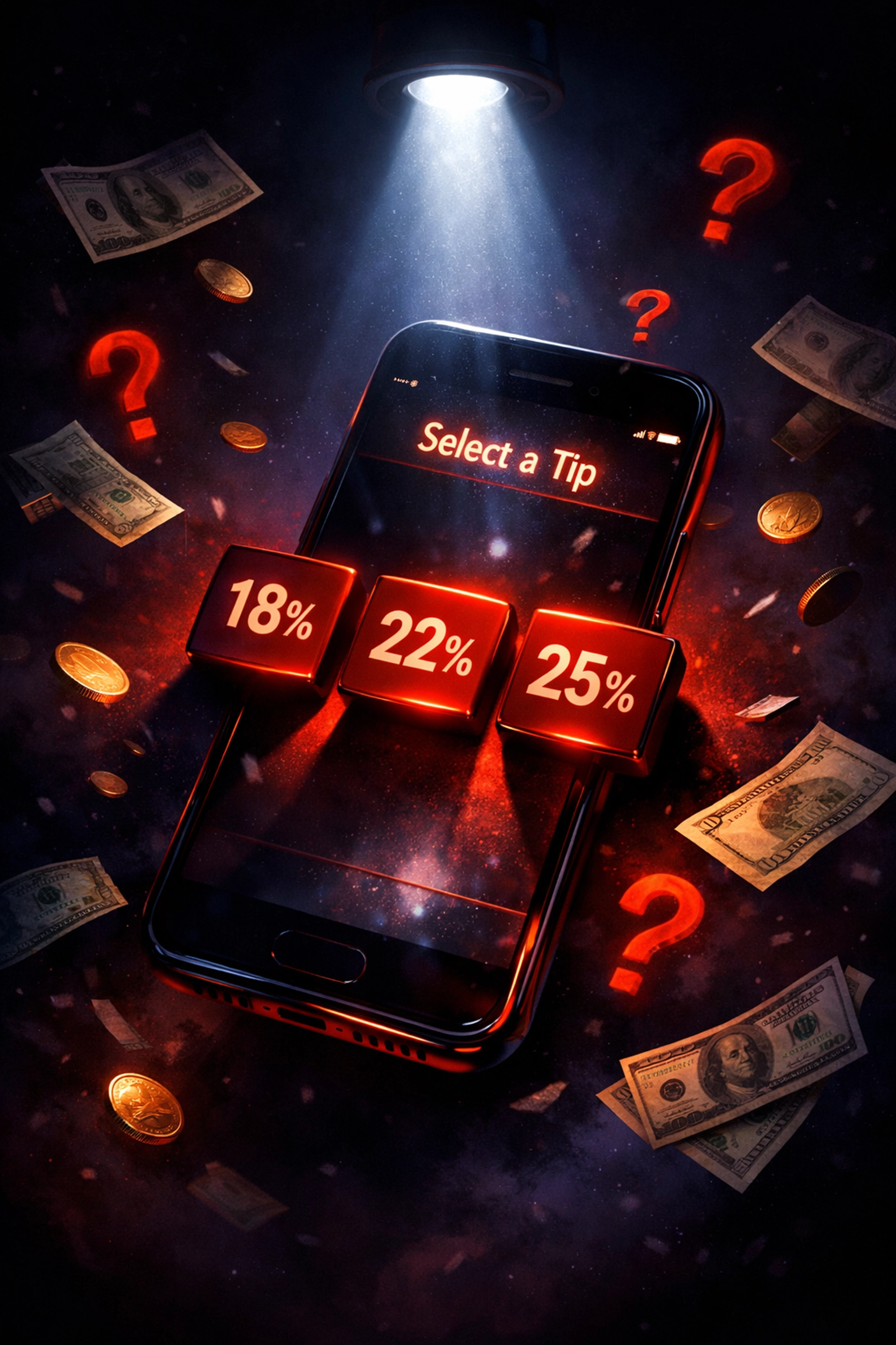 Digital tipping screen showing percentage options surrounded by money and question marks