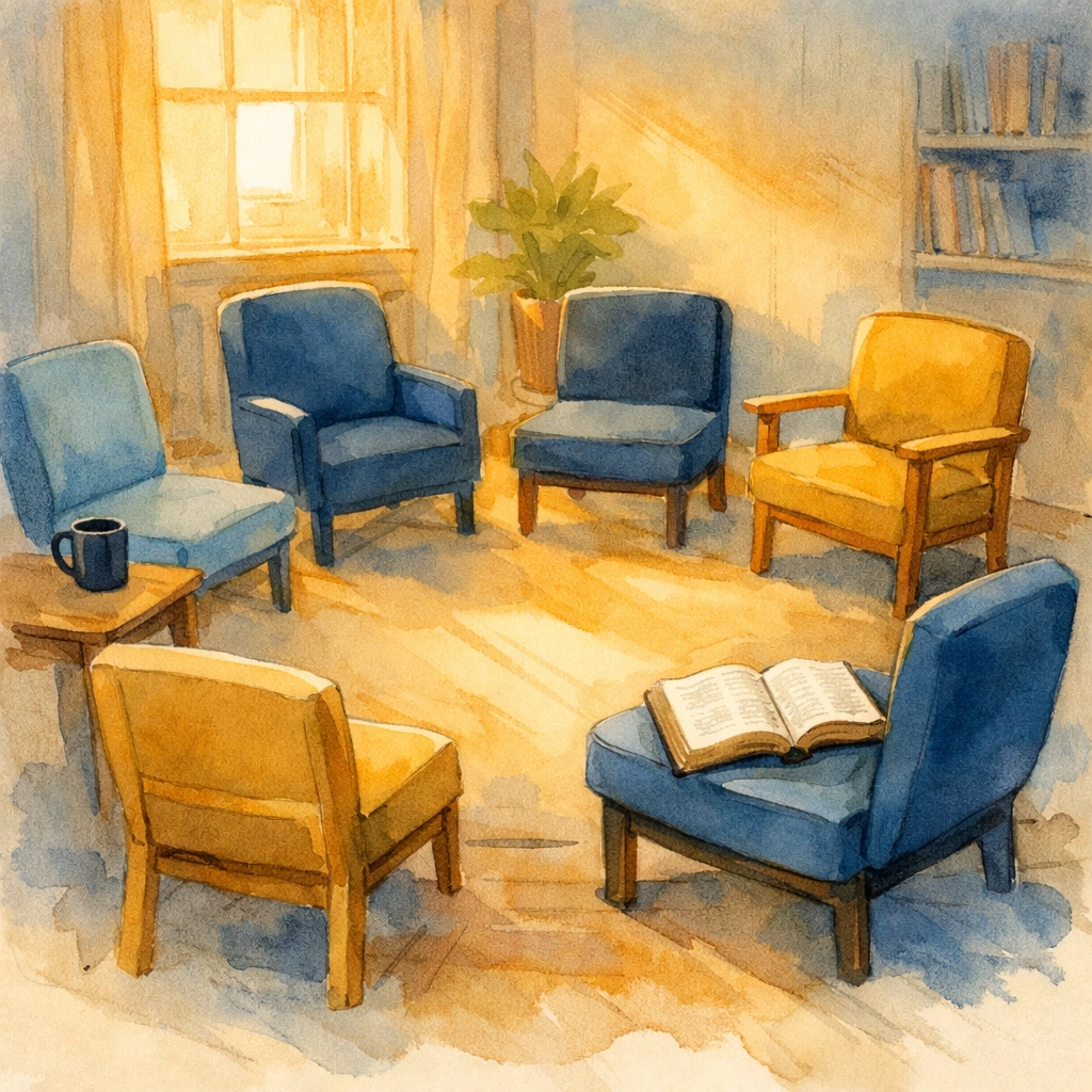 Empty chairs arranged in circle with open Bible representing small group community gathering space