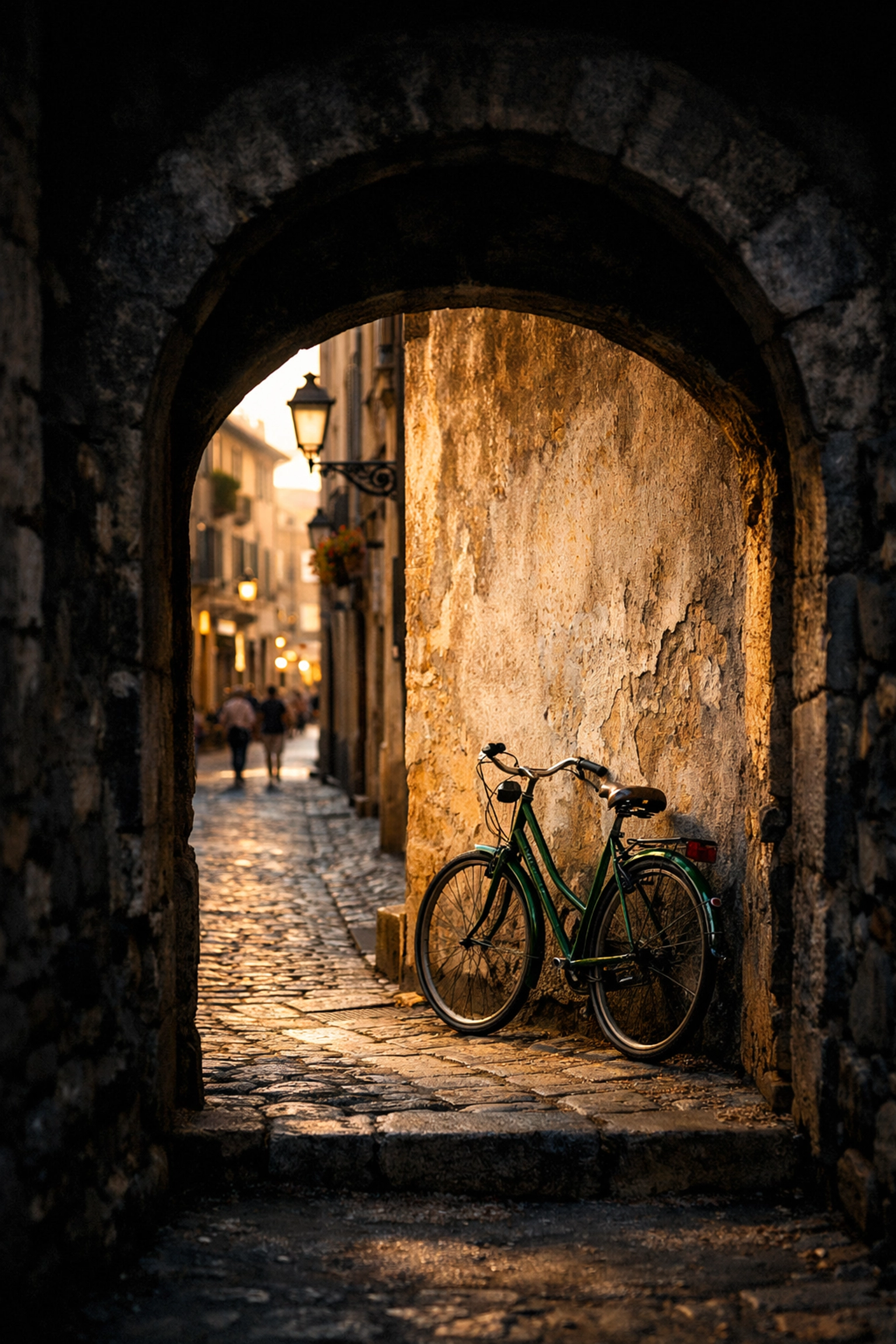 A stone archway framing a sun-drenched street and bicycle, demonstrating creative street photography ideas.