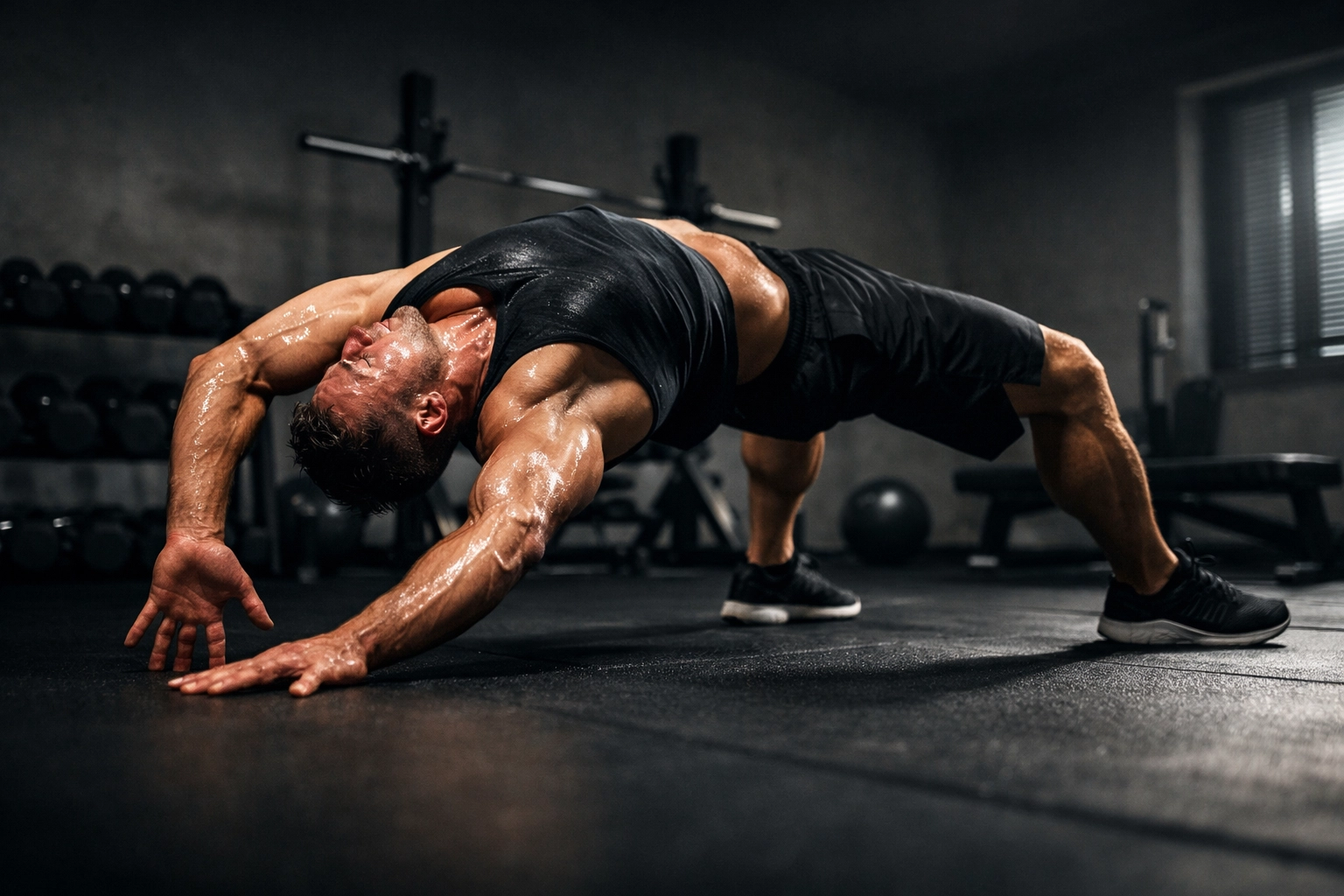Athlete performing a dynamic thoracic bridge stretch for a full body workout at home.