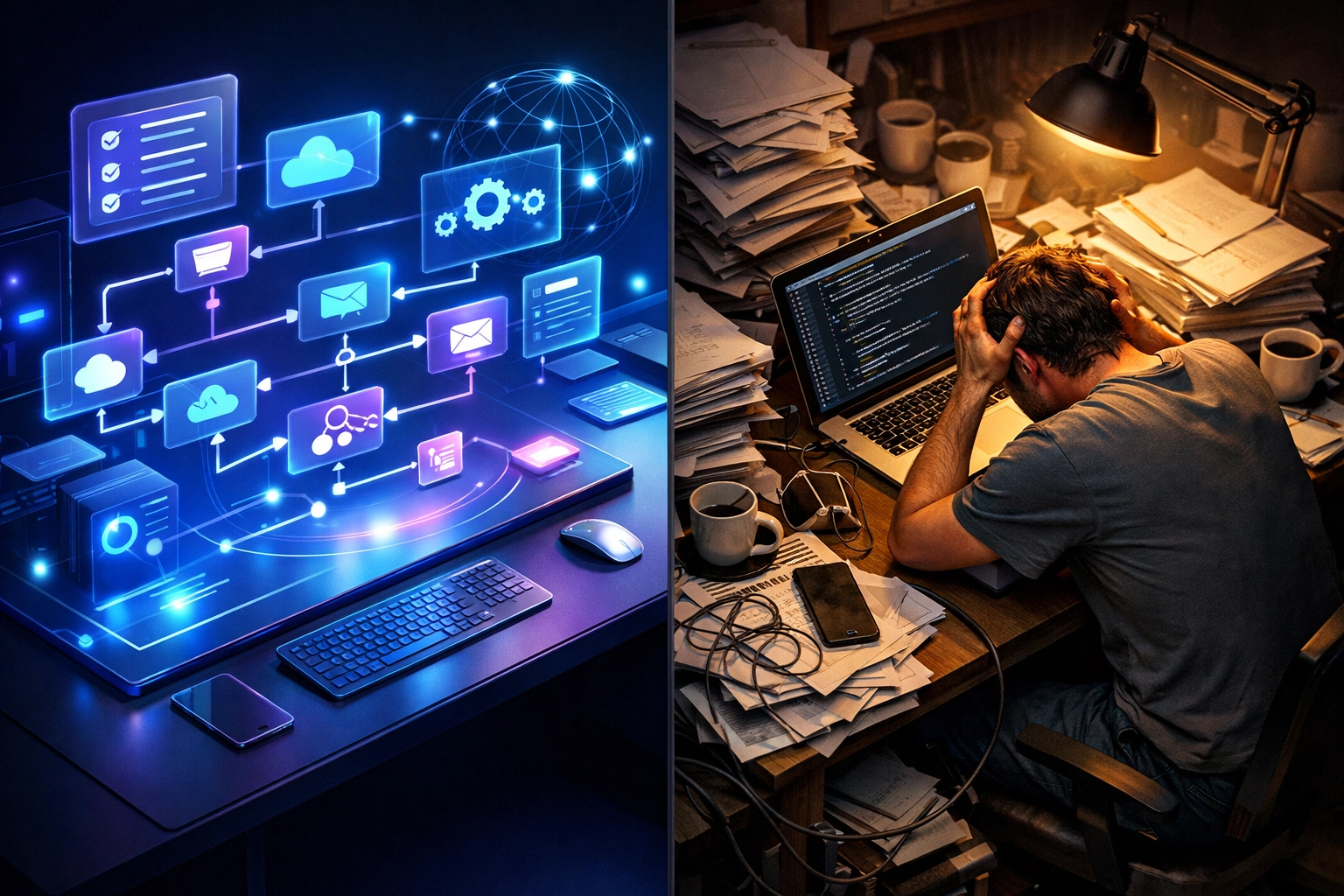 Workflow automation workspace with digital connections vs cluttered custom software development desk