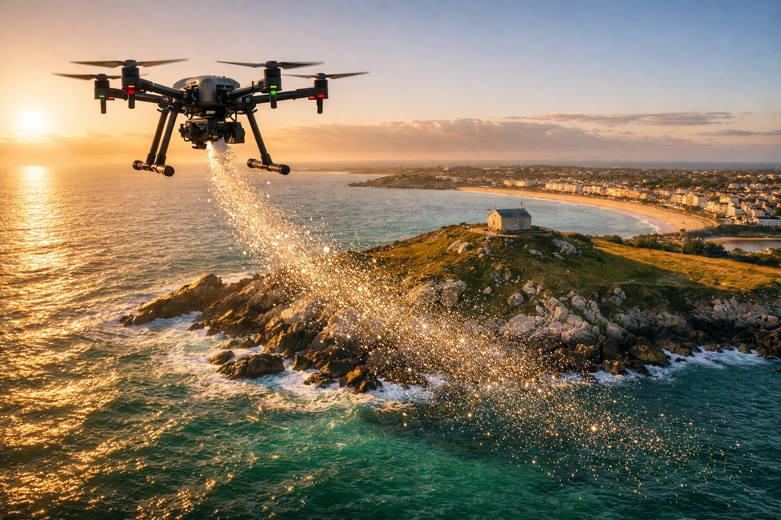 Aerial view of an ash scattering service in St Ives, Cornwall, with a drone releasing ashes over the coast.