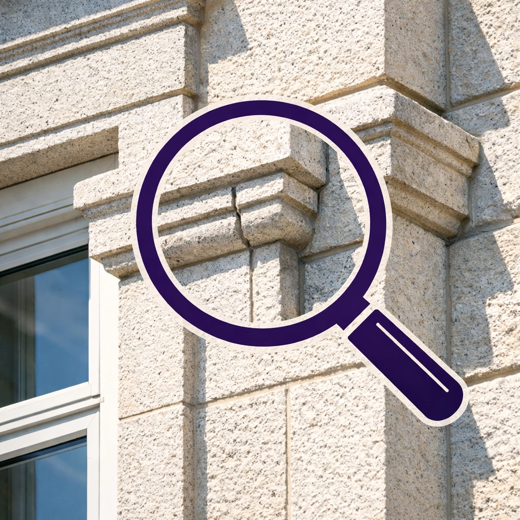 Detailed building facade with a magnifying glass icon highlighting proactive maintenance and property inspections.