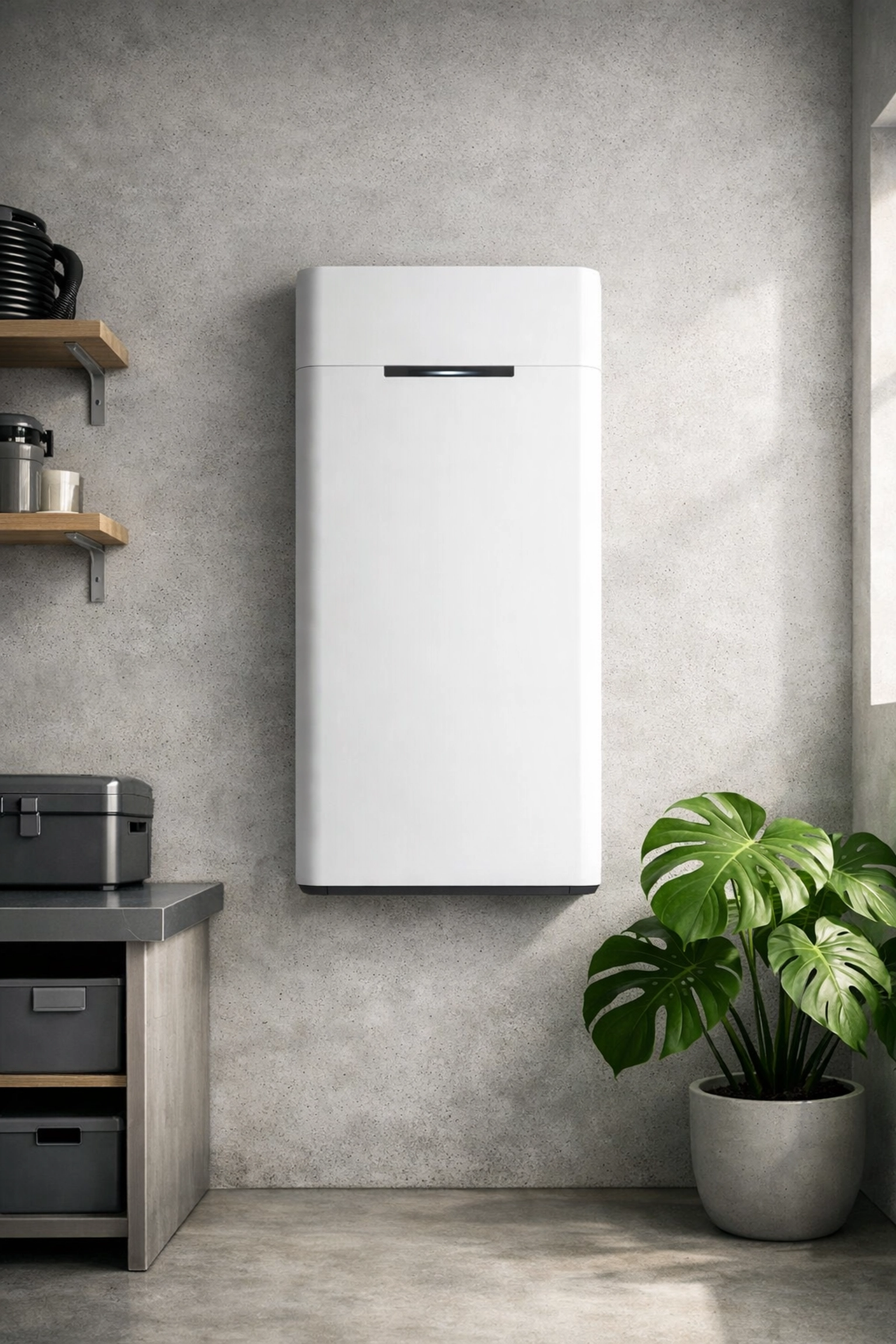Sleek white home energy storage battery mounted in a modern home to offset rising electricity costs.
