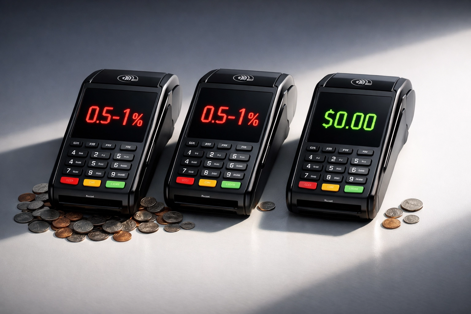 Three payment terminals comparing crypto POS fees: percentage-based vs Larecoin's zero-fee model