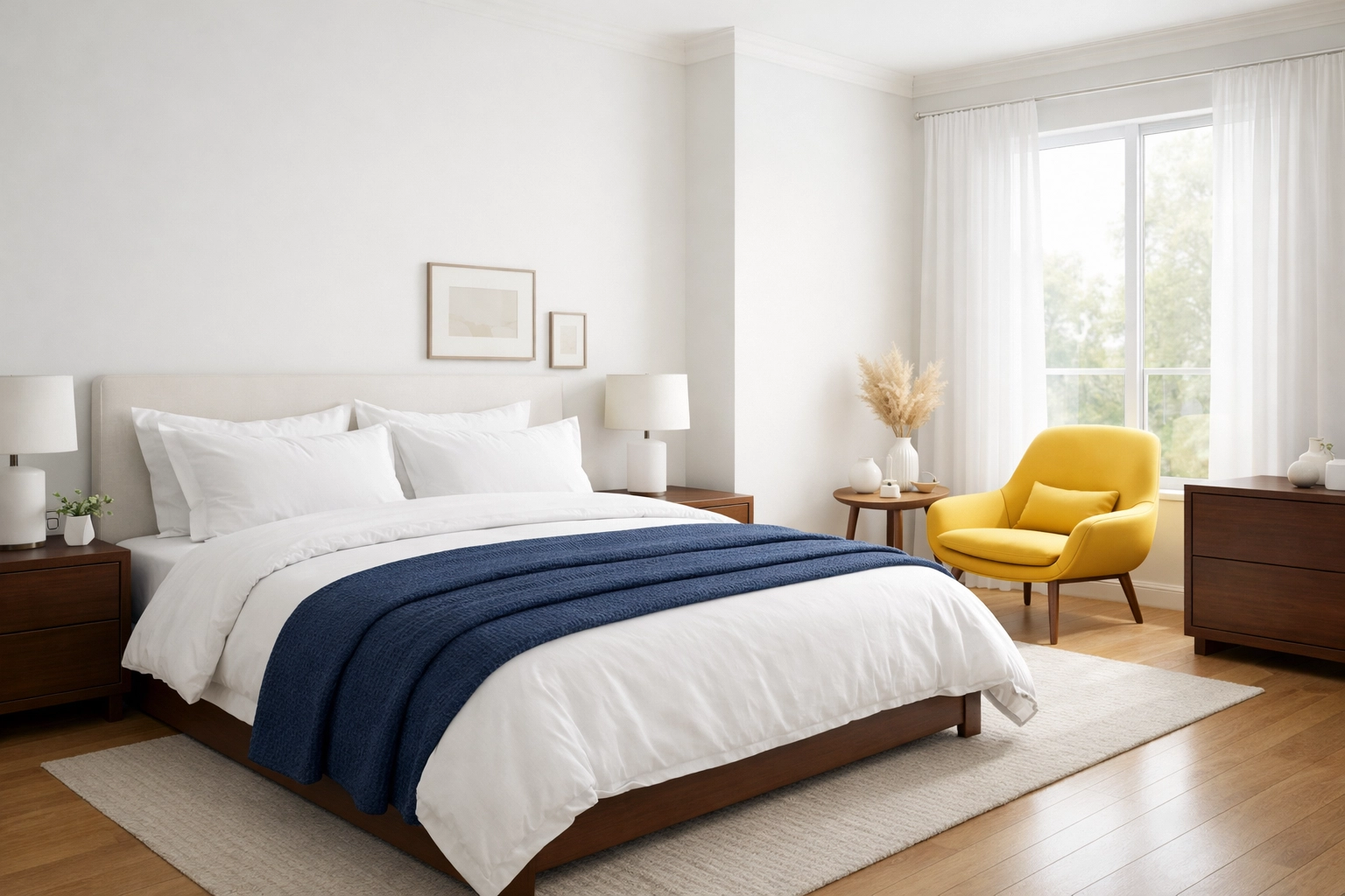 A stress-free minimalist master bedroom with dust-free surfaces following a deep cleaning in Lincoln.