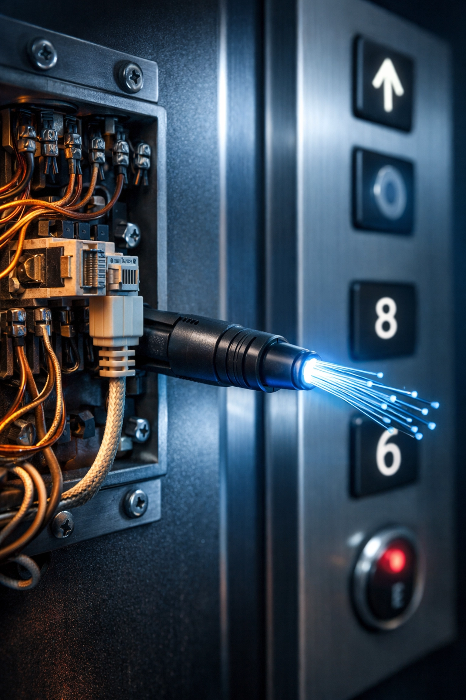 Copper POTS line being replaced with fiber optic cable in elevator control panel for 2026 compliance