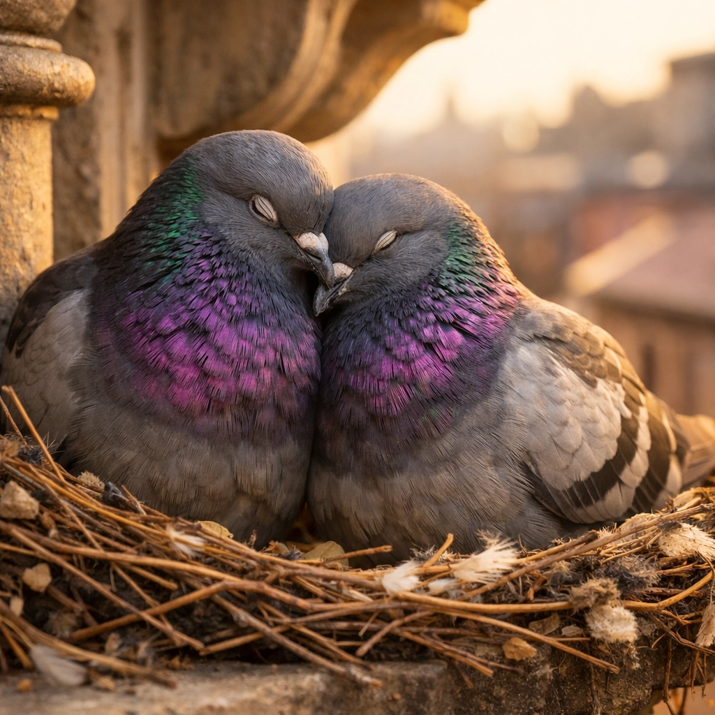 Two female pigeons nesting together in a city building, illustrating long-term same-sex avian partnerships.