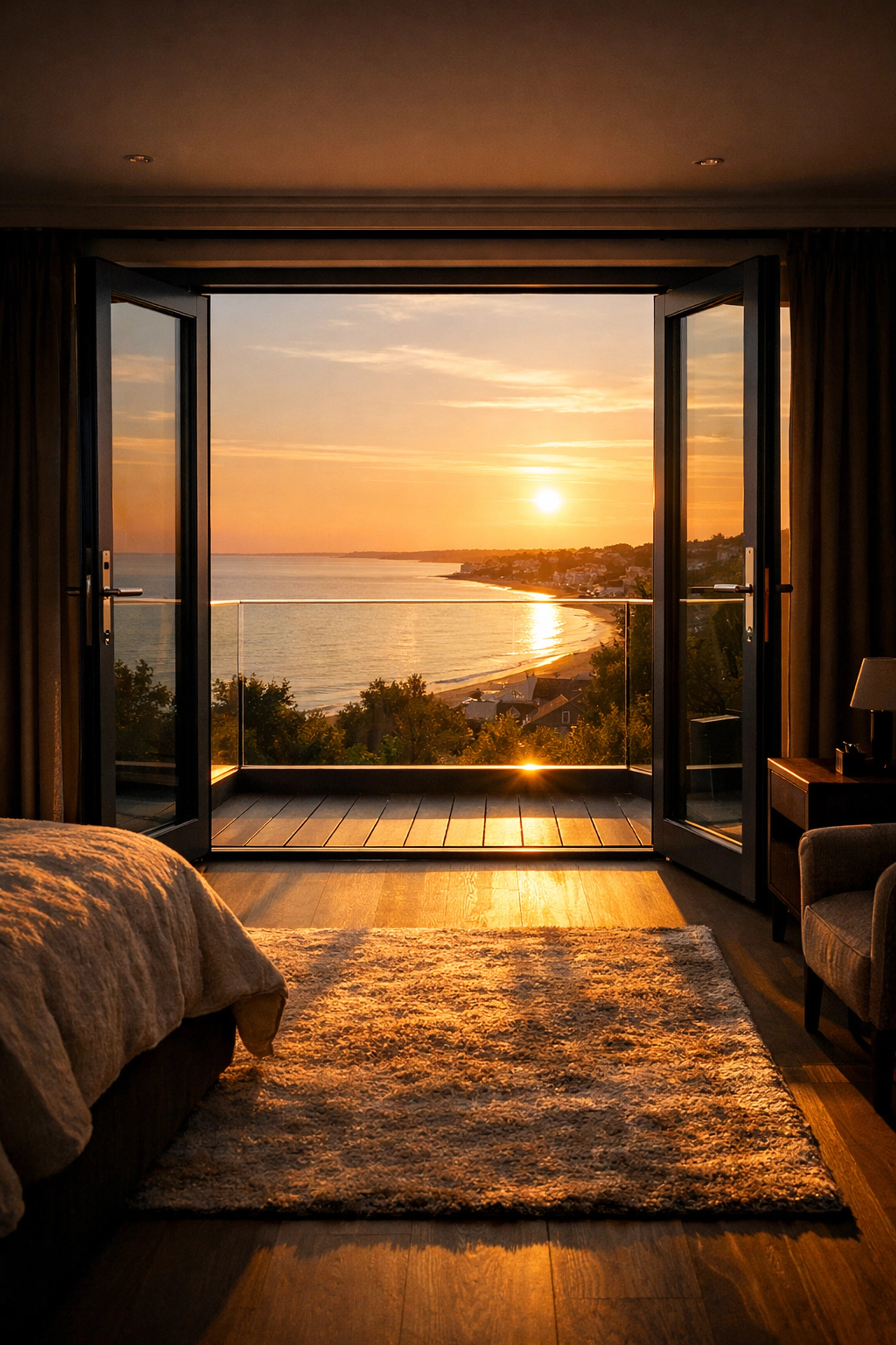 Luxury second-floor master suite in Bognor Regis with sea views and a Juliet balcony.