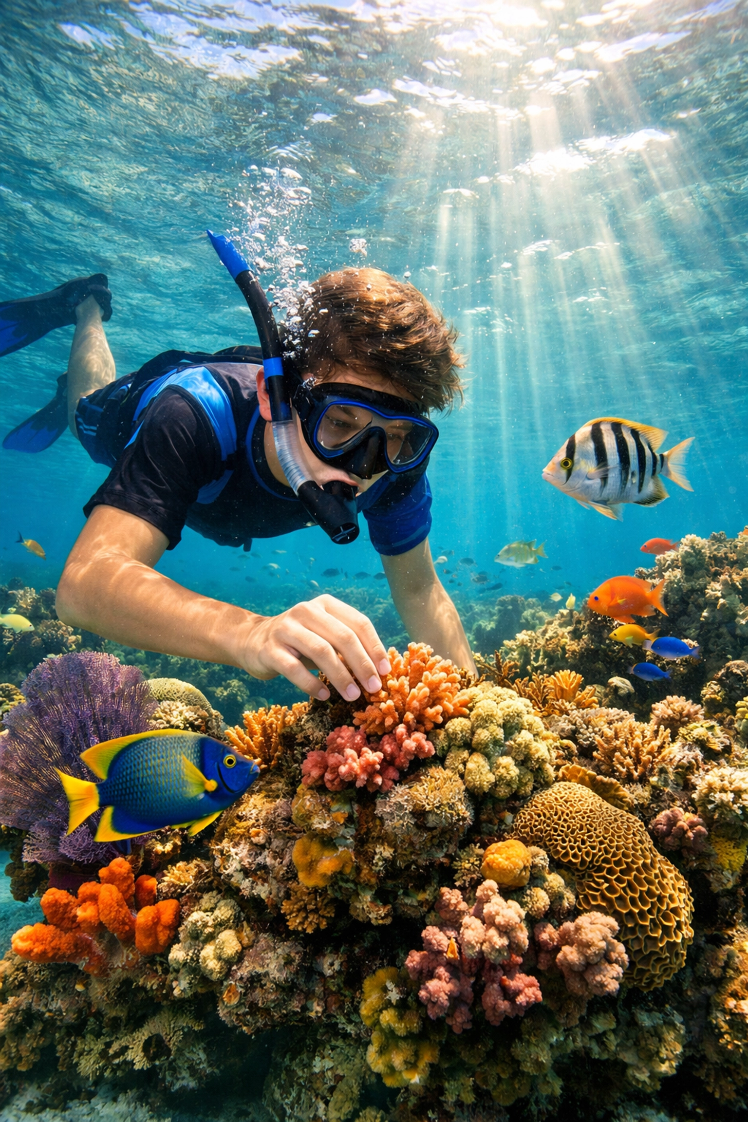Student snorkeling in Cayman Islands coral reef during marine science educational tour