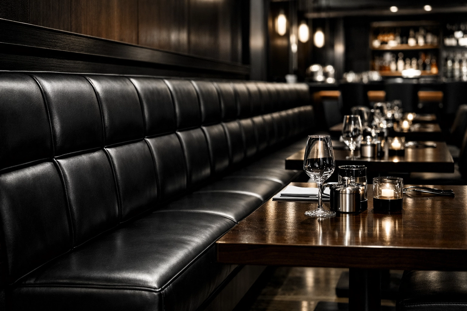 Sleek custom upholstered leather restaurant booth with firm foam support for Chattanooga businesses.