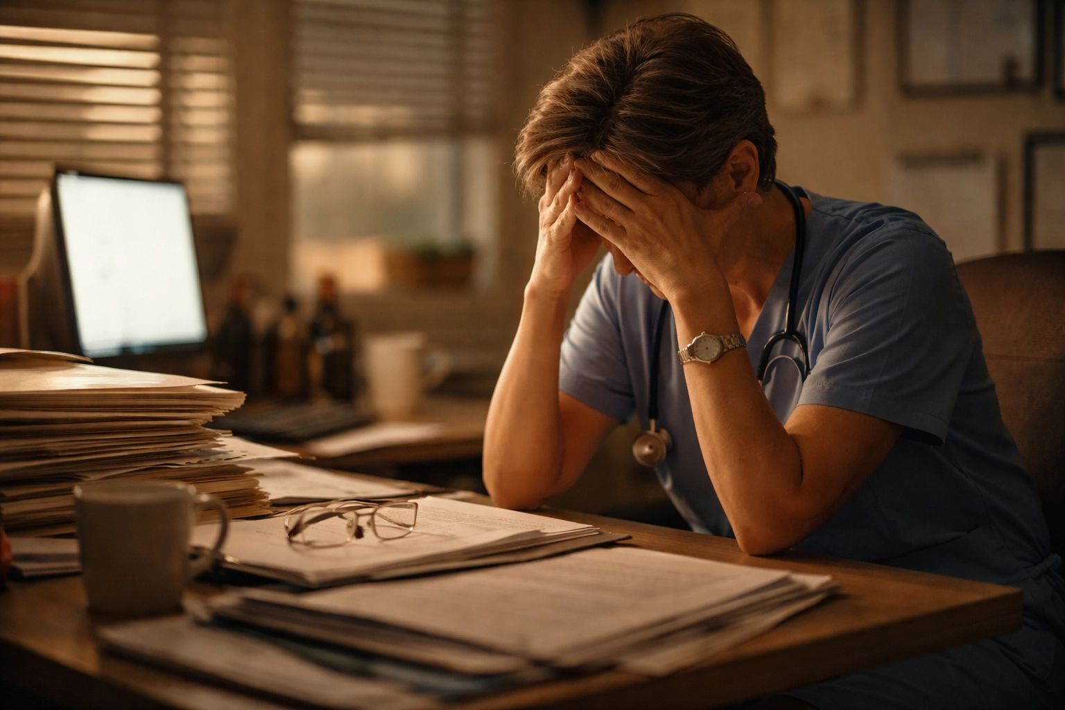 Healthcare practice owner reflecting at a cluttered office desk during a challenging season of practice ownership