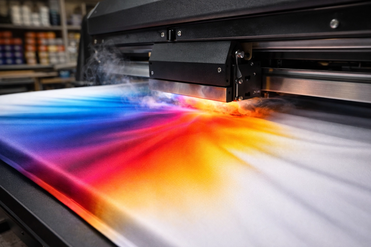 Dye-sublimation printing process applying colorful ink to polyester canopy tent fabric