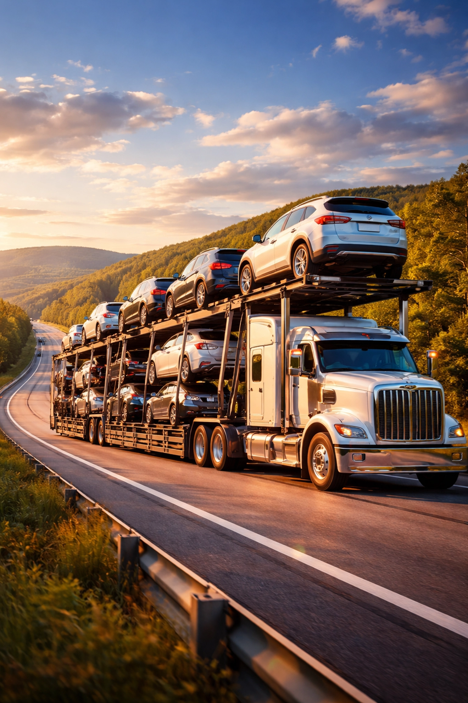 Car carrier truck transporting new vehicles through Alabama, illustrating destination fee transportation costs