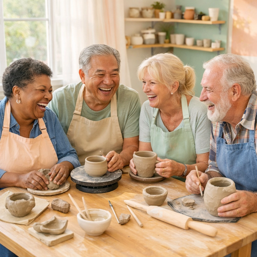 Seniors enjoying pottery class and social activities at independent living community