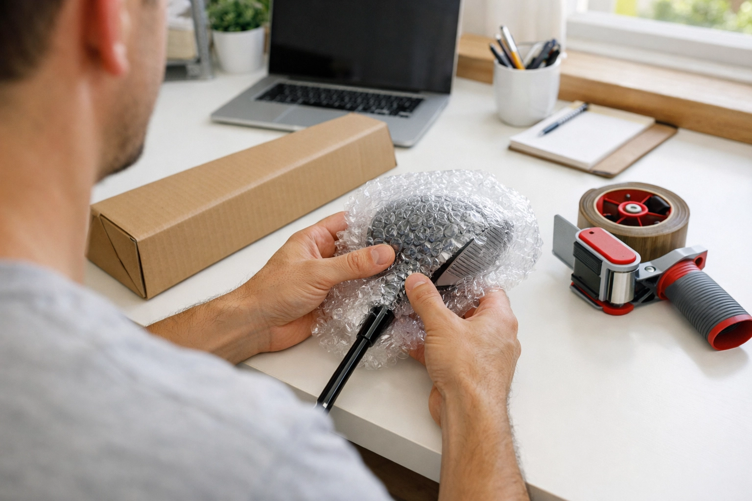 Reseller preparing a golf club for shipping with bubble wrap and a long cardboard tube.