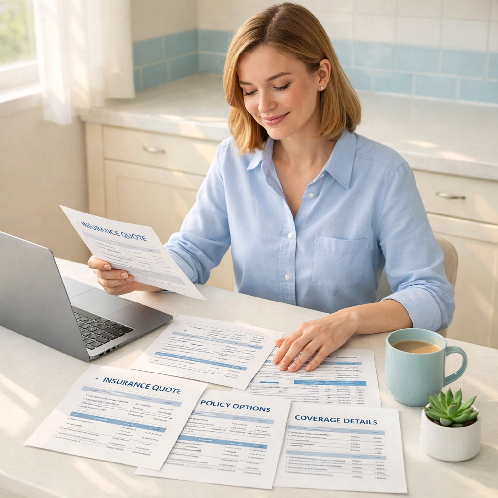Woman comparing car insurance quotes Pennsylvania at kitchen table with laptop and documents