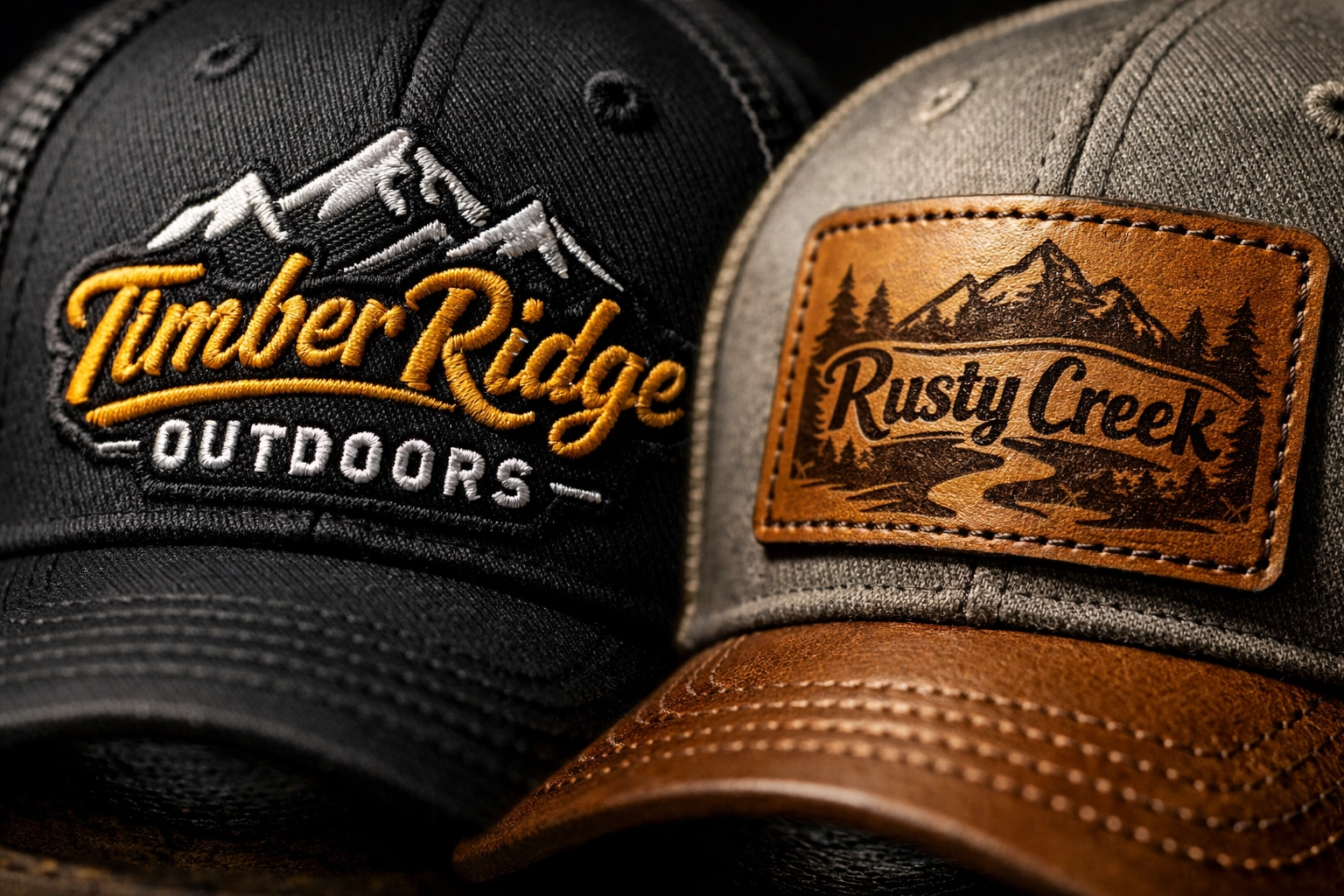 Custom embroidered trucker caps with leather patch showing logo customization options