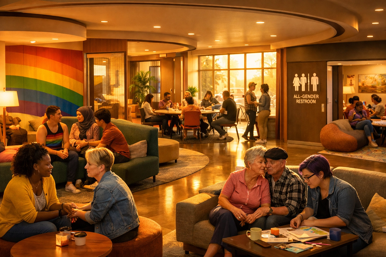 Modern LGBTQ+ community center with flexible seating and inclusive design features