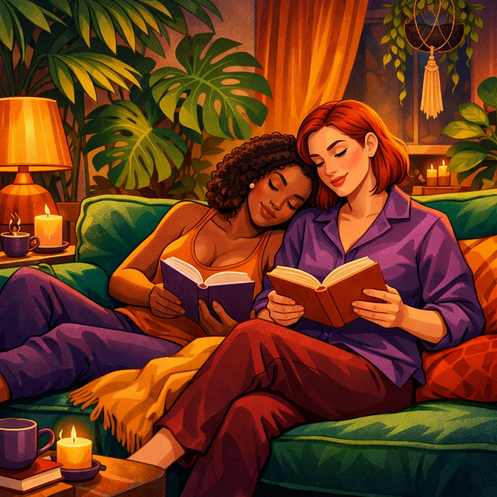 A lesbian couple reading queer fiction together on a sofa as a form of relational self-care.