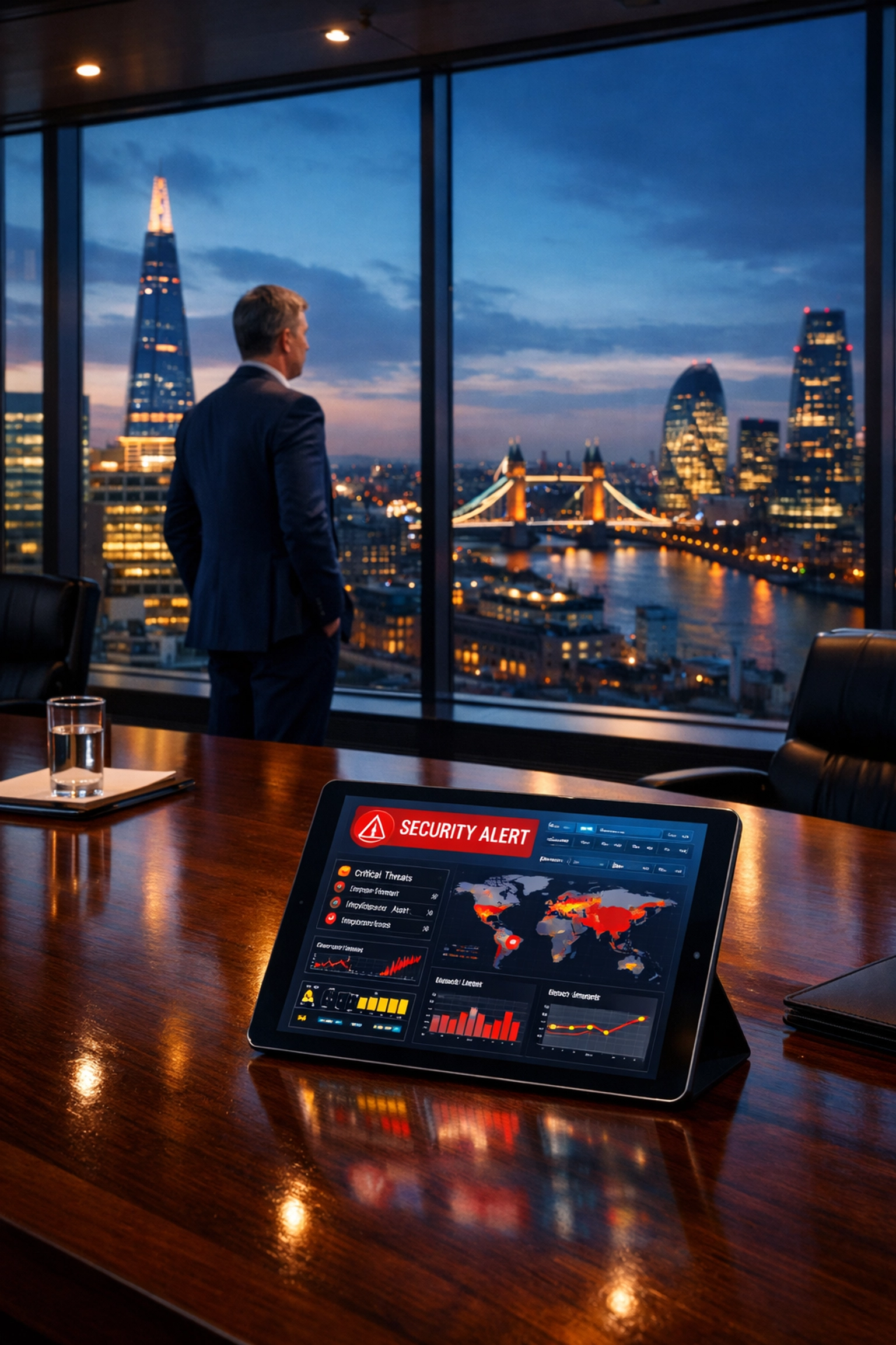 A corporate executive reviewing a security risk assessment dashboard for Martyn's Law compliance.