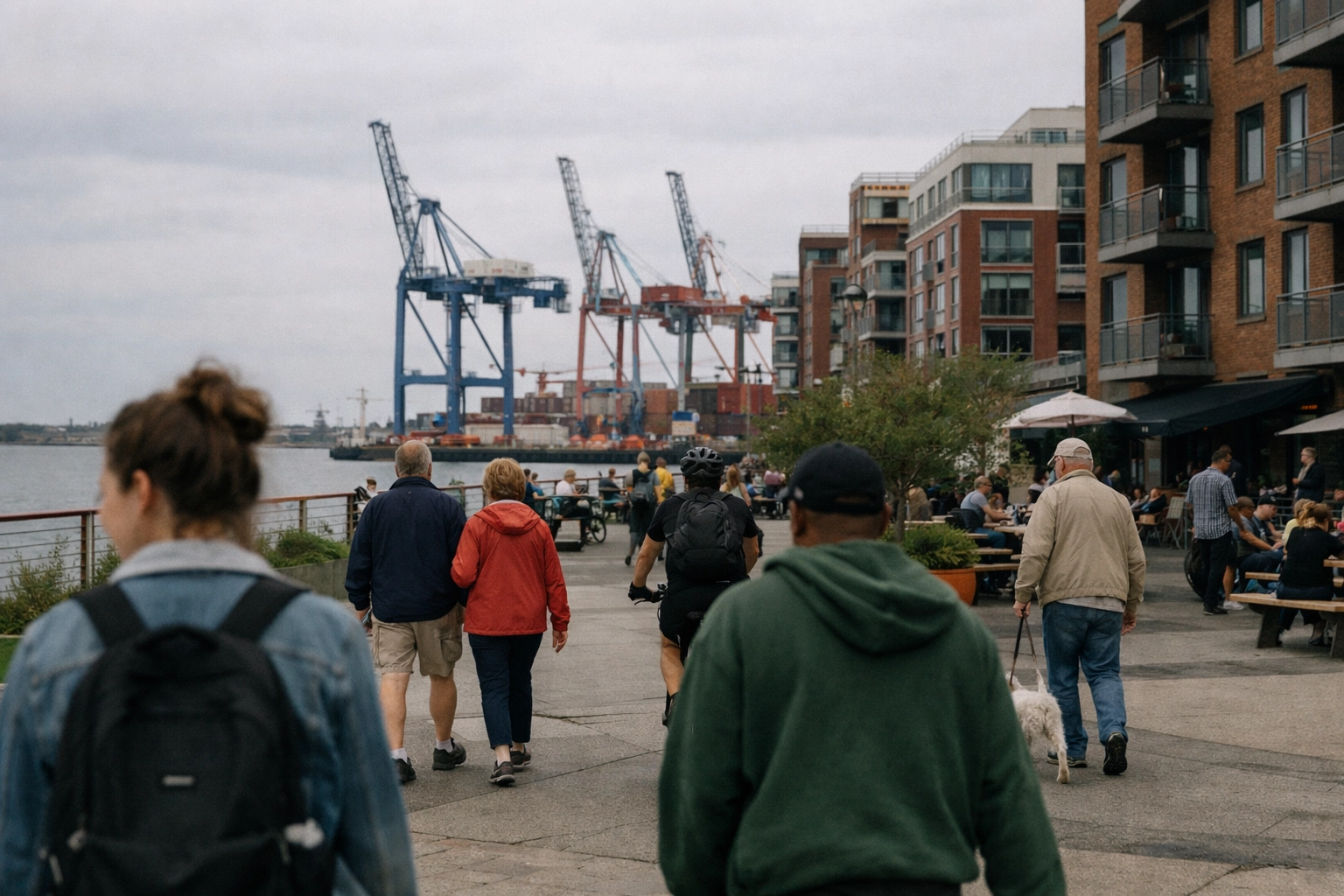 Red Hook urban plaza showing the integration of community living and industrial maritime port operations.