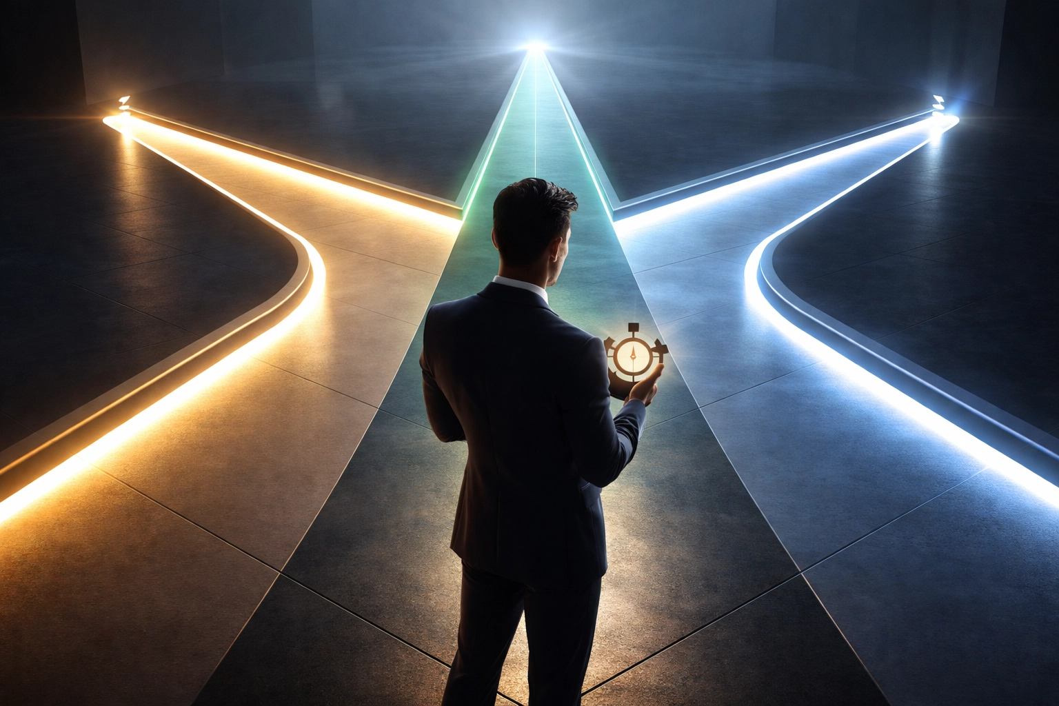 Investor choosing between multiple colored pathways representing different financial goals and portfolio strategies