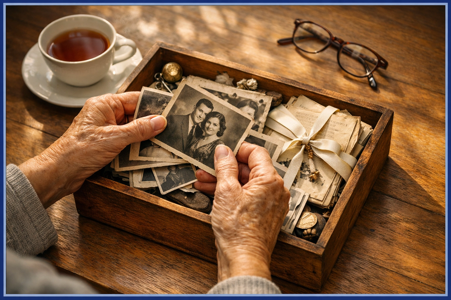 Senior woman sorting through family photos and mementos during LA downsizing process
