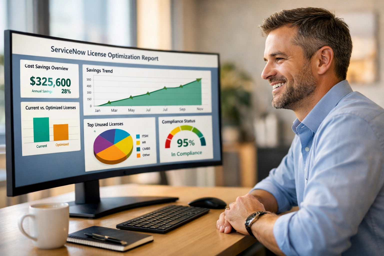 IT manager reviewing ServiceNow ITAM license optimization dashboard showing cost reduction metrics