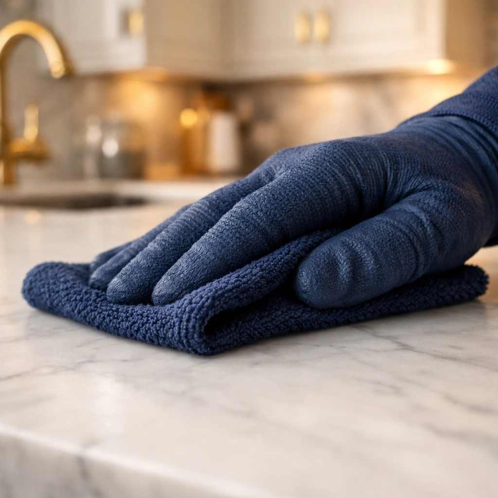 Professional hand in a navy glove wiping a marble countertop during a luxury house cleaning in Sudbury.