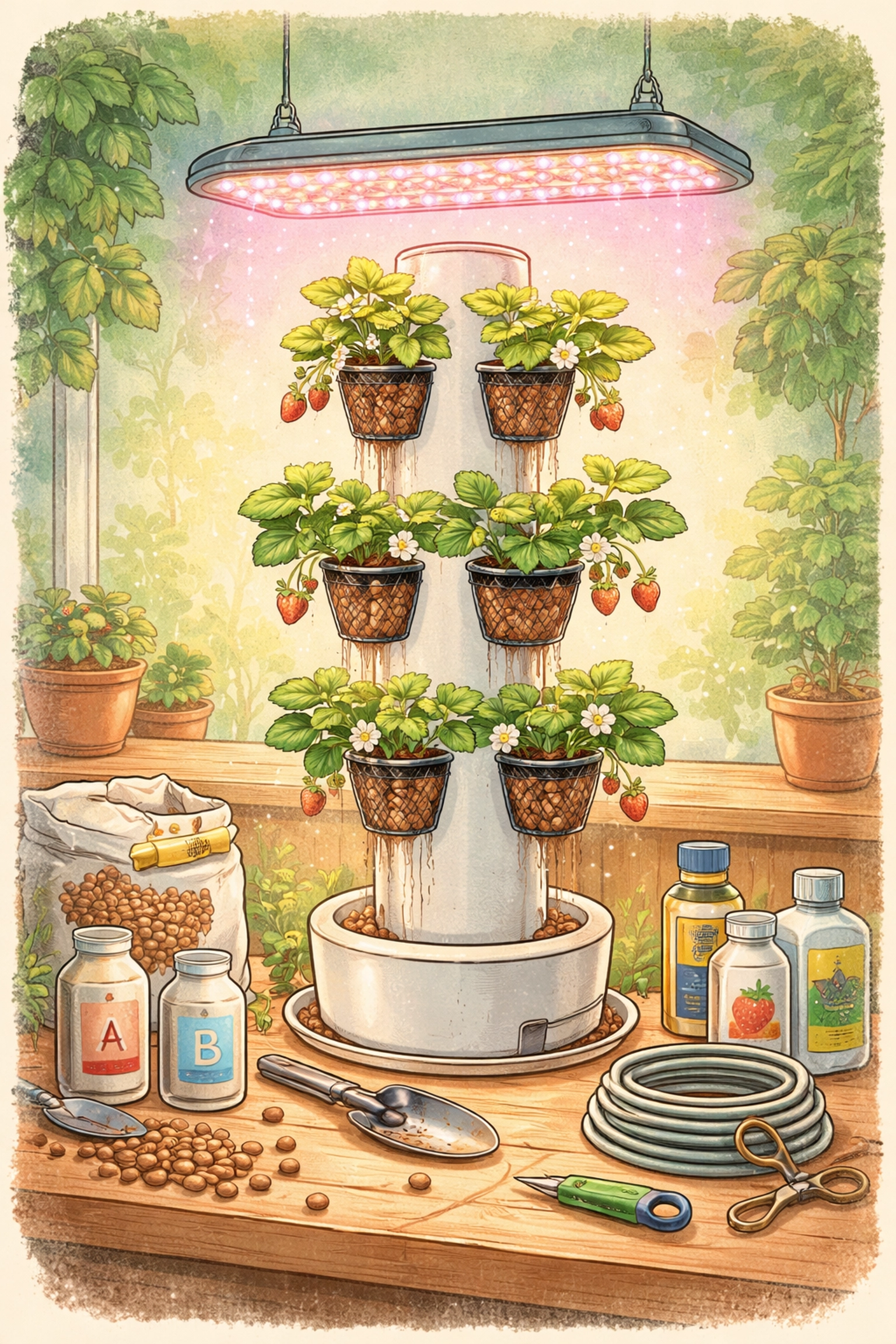 Assembling an indoor vertical strawberry tower with net pots, LED grow light, hydroponic tools, and starter plants