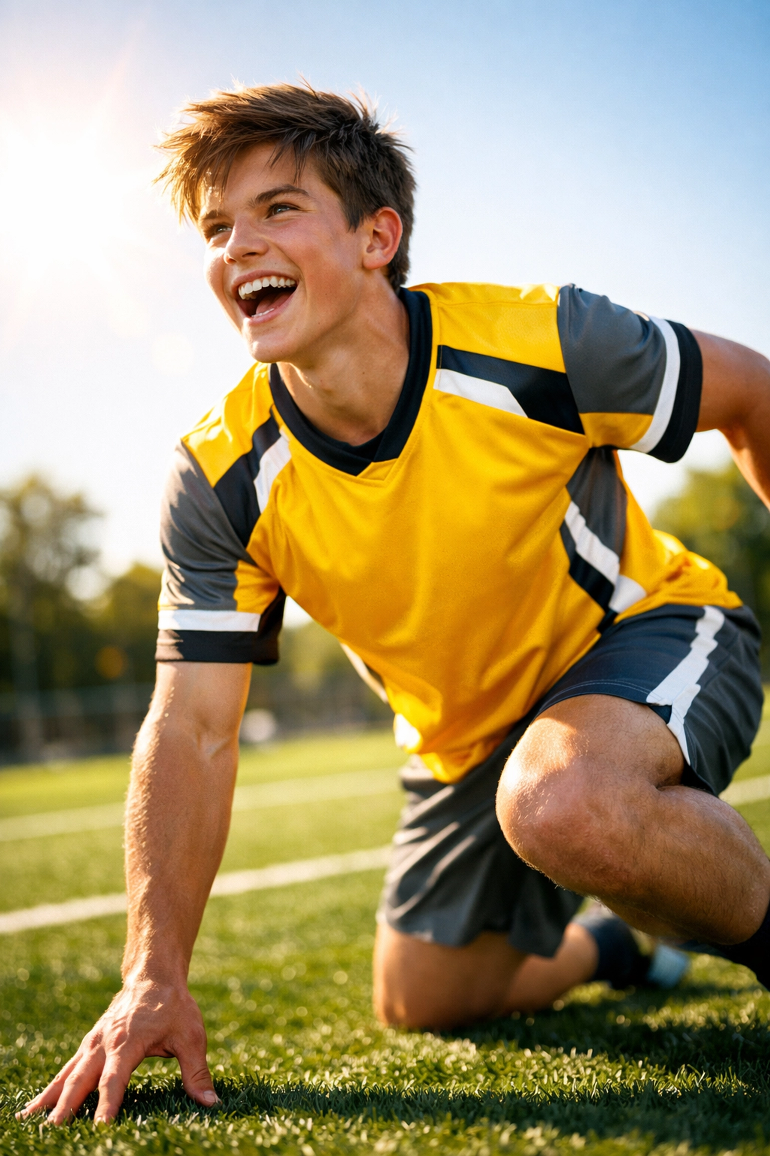 Young athlete wearing a professional custom sports jersey on a field ready for the summer season.