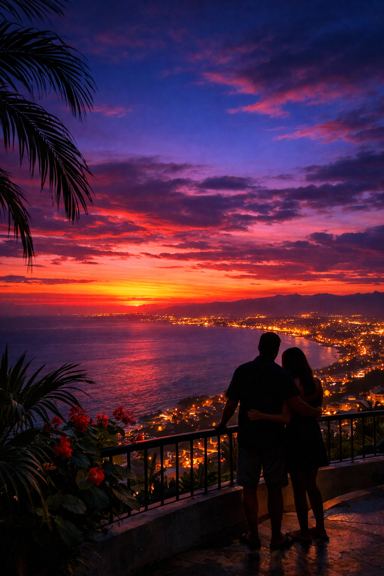 Panoramic sunset view of Banderas Bay from hillside terrace in Amapas neighborhood