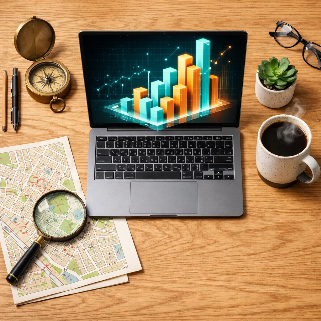 A laptop showing data analytics next to a local map for effective conversion rate optimization strategy.