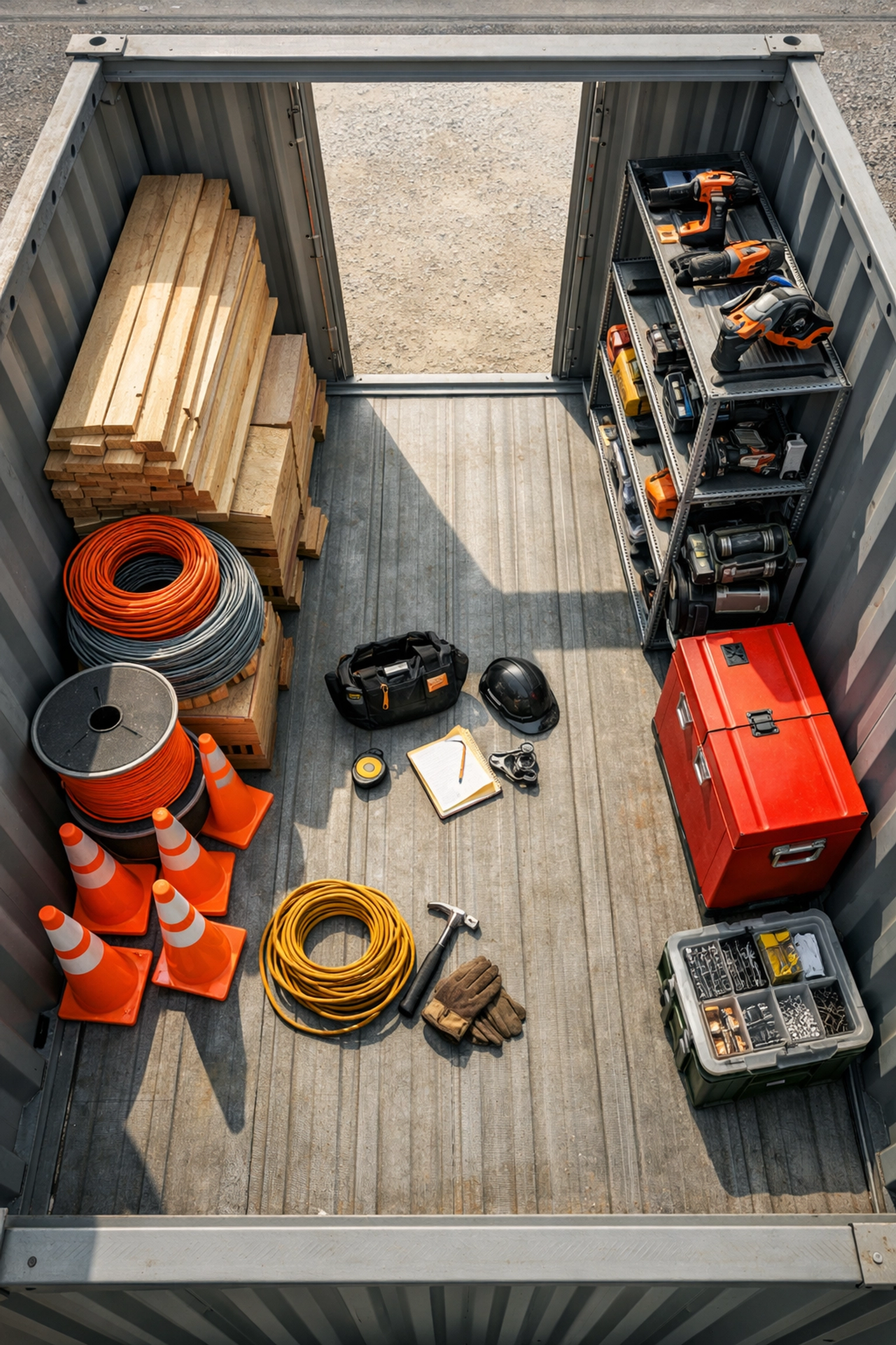 Organized contractor tools and materials inside 8x20 steel storage container