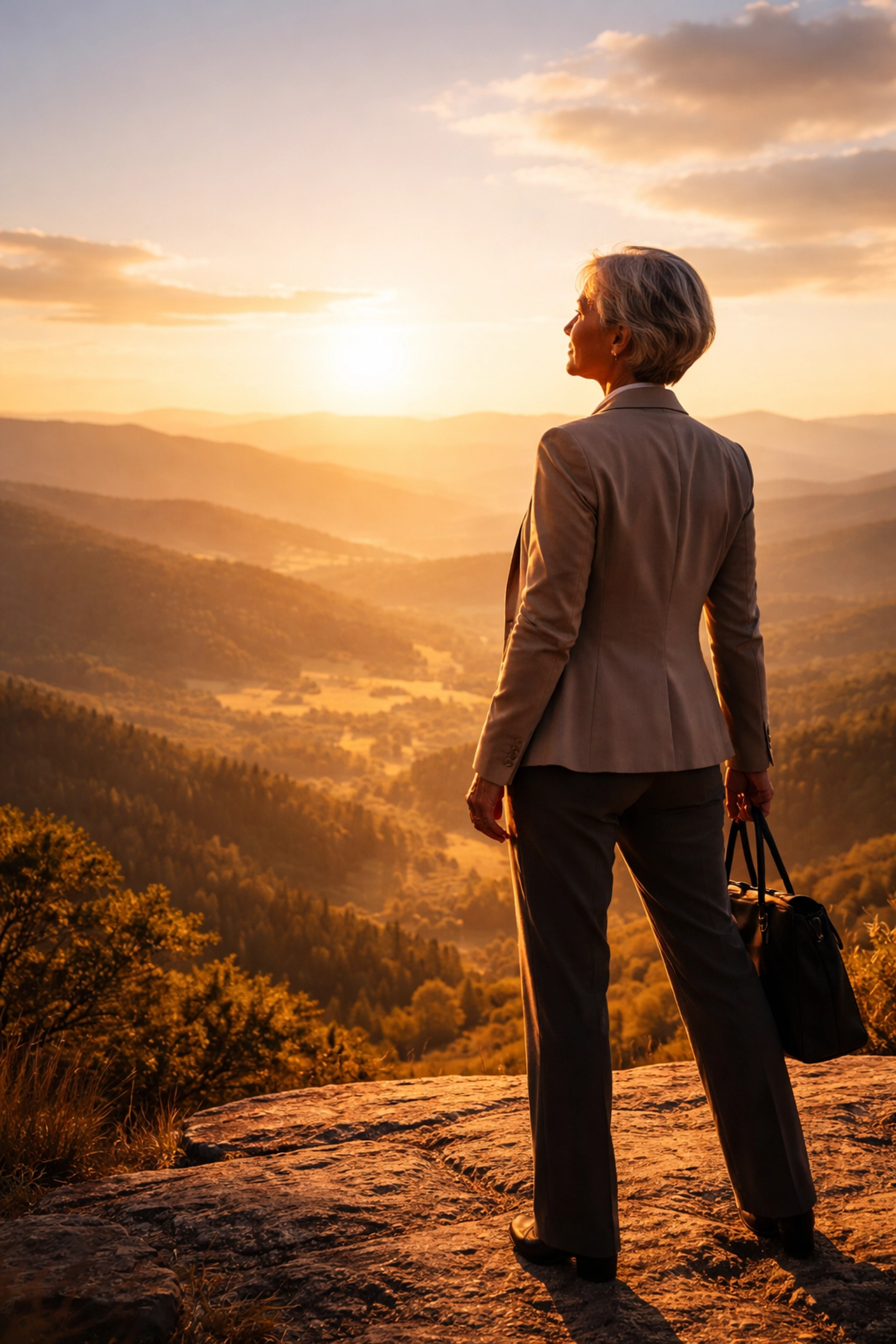 Confident professional stands at mountain overlook, symbolizing the empowering journey to secure retirement planning.