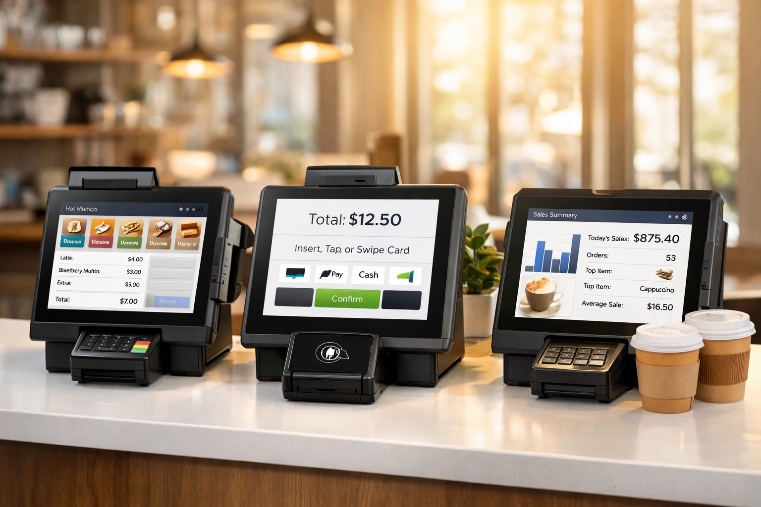 Three modern POS systems compared side-by-side on café counter