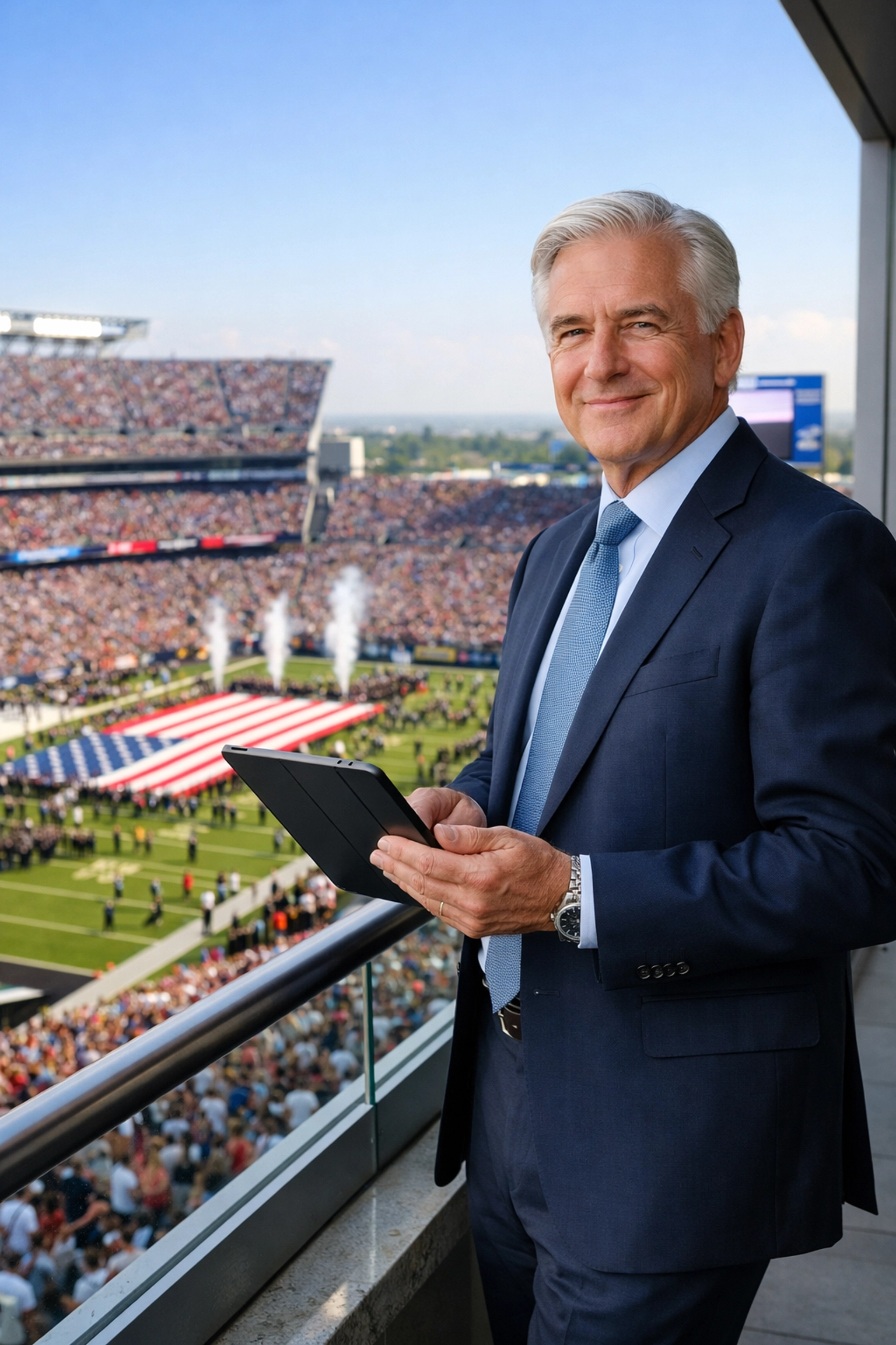Relaxed executive on a private stadium balcony during a professionally managed Super Bowl corporate event.