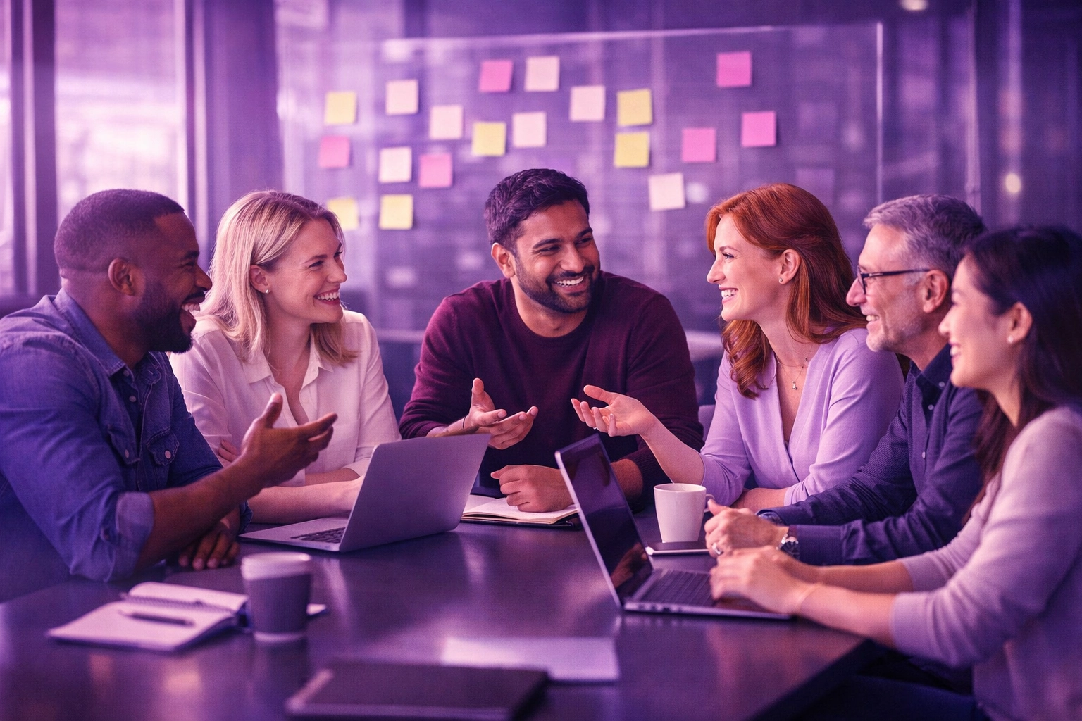 Diverse project team collaborating in meeting discussing IT project management strategies