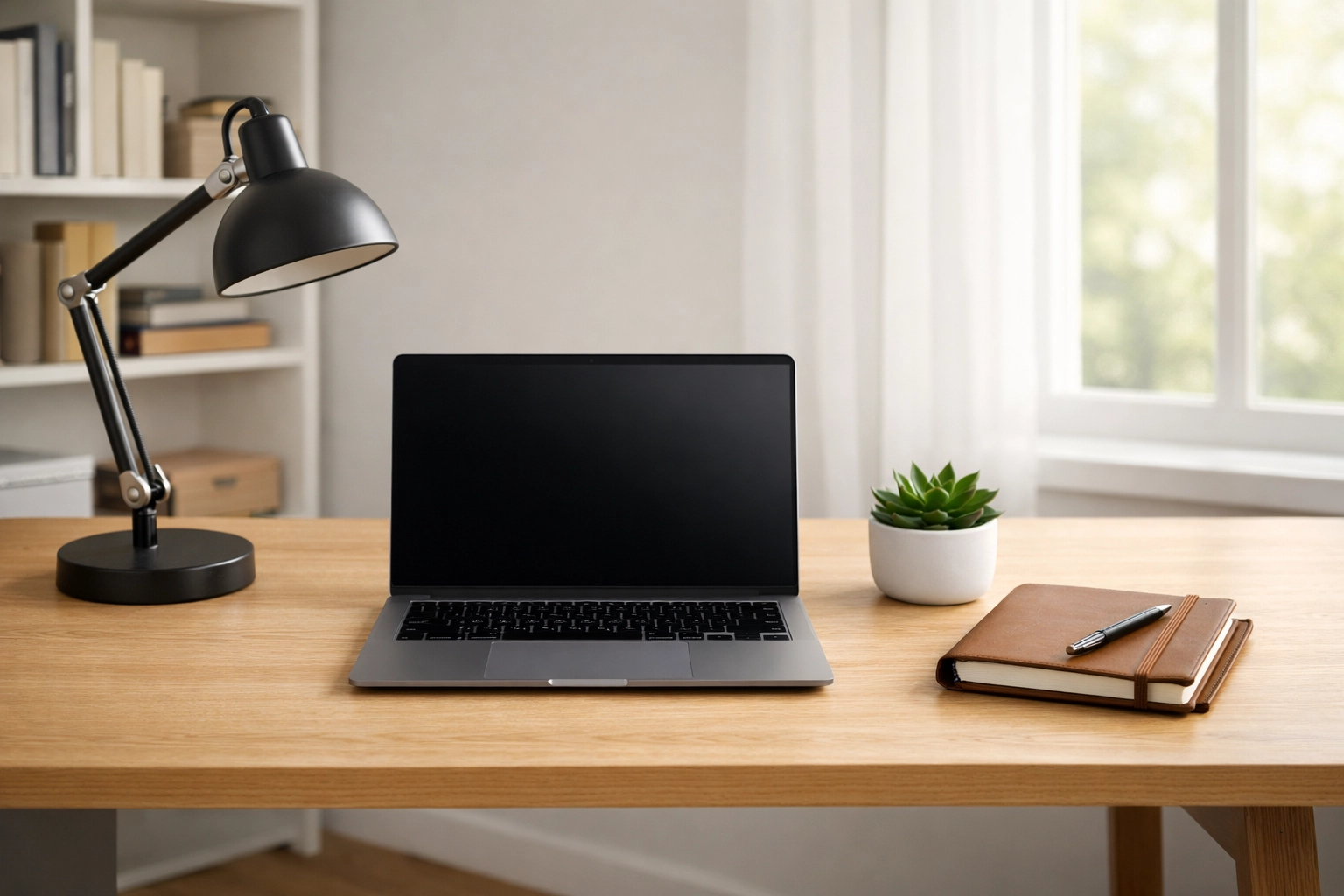 Minimalist home office workspace qualifying for tax deductions with laptop and professional supplies.