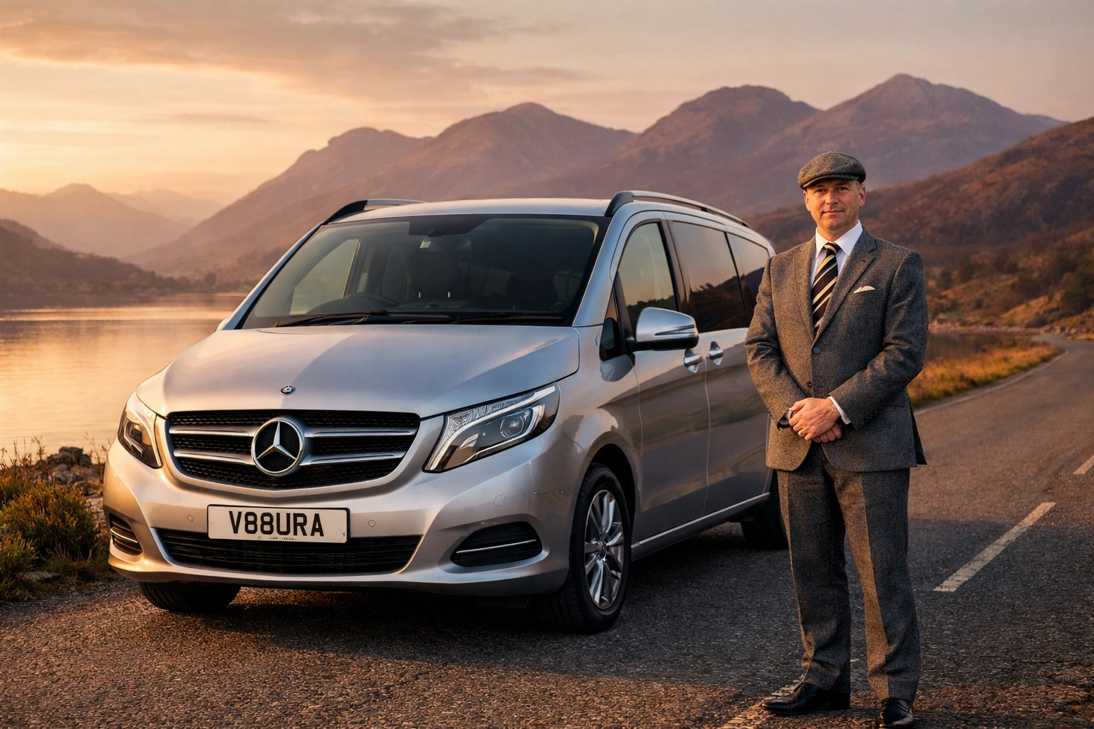 Luxury chauffeur service Glasgow for private tours in Scotland with a Mercedes V-Class and driver in the Highlands.