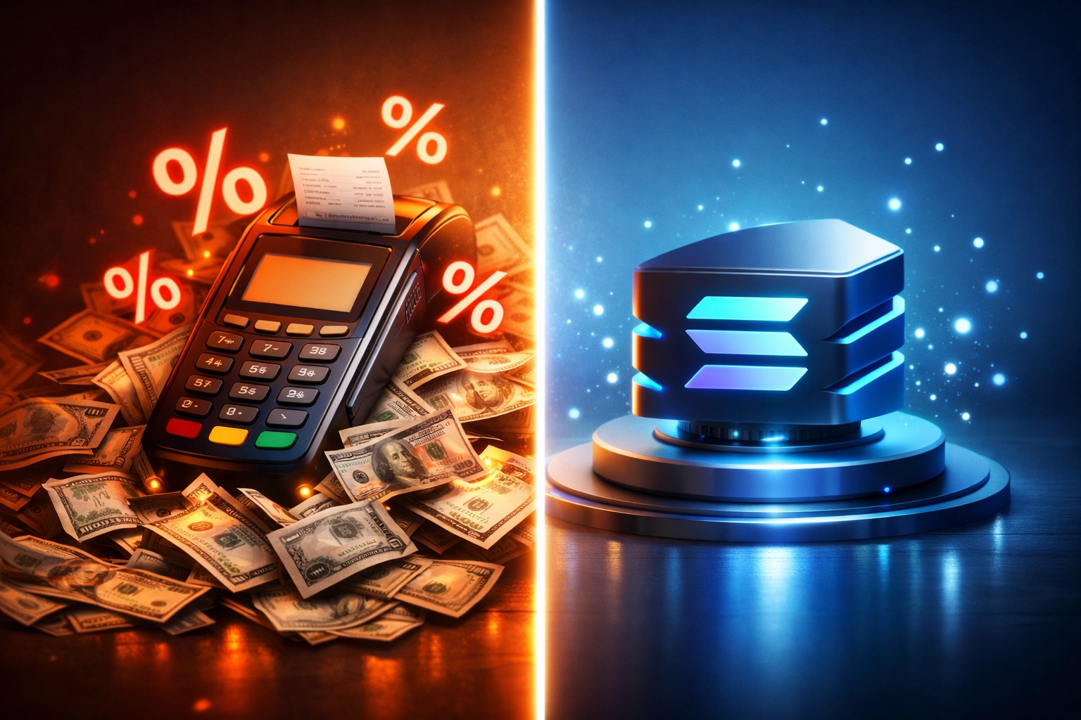 Traditional payment terminal with high percentage fees compared to Solana blockchain gas-only transfer model