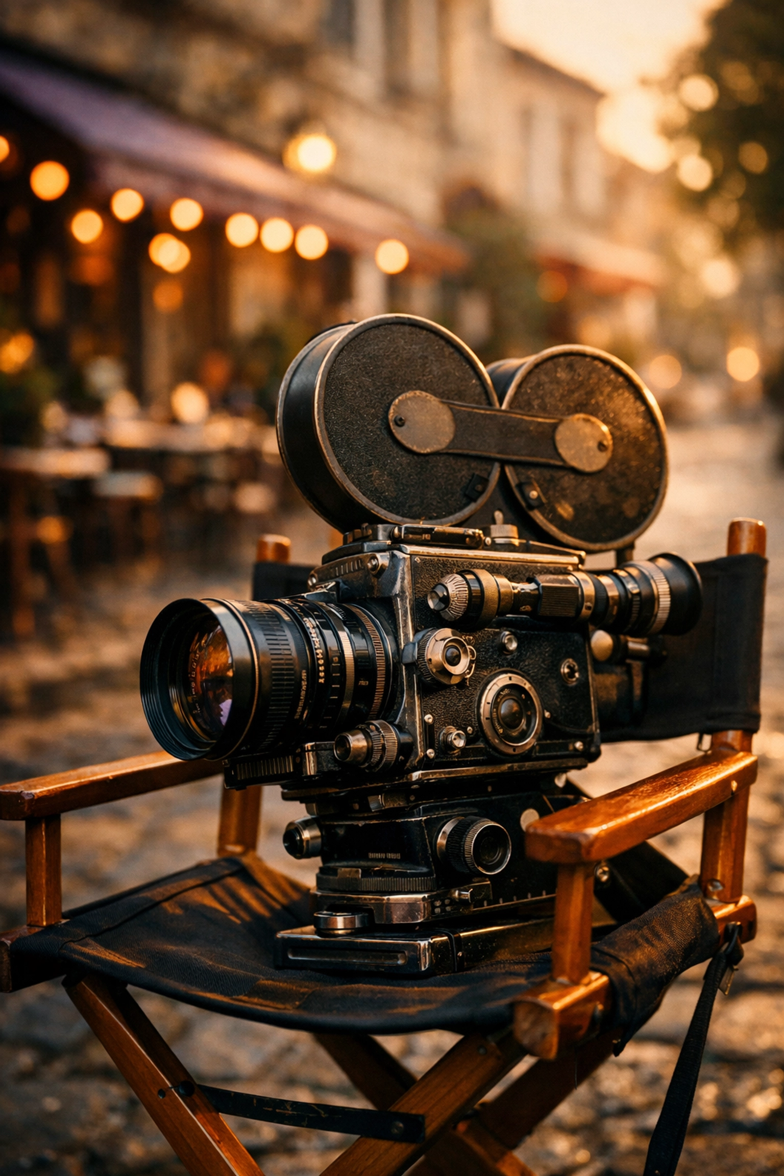 A vintage 35mm film camera on a director's chair, representing international independent cinema projects.